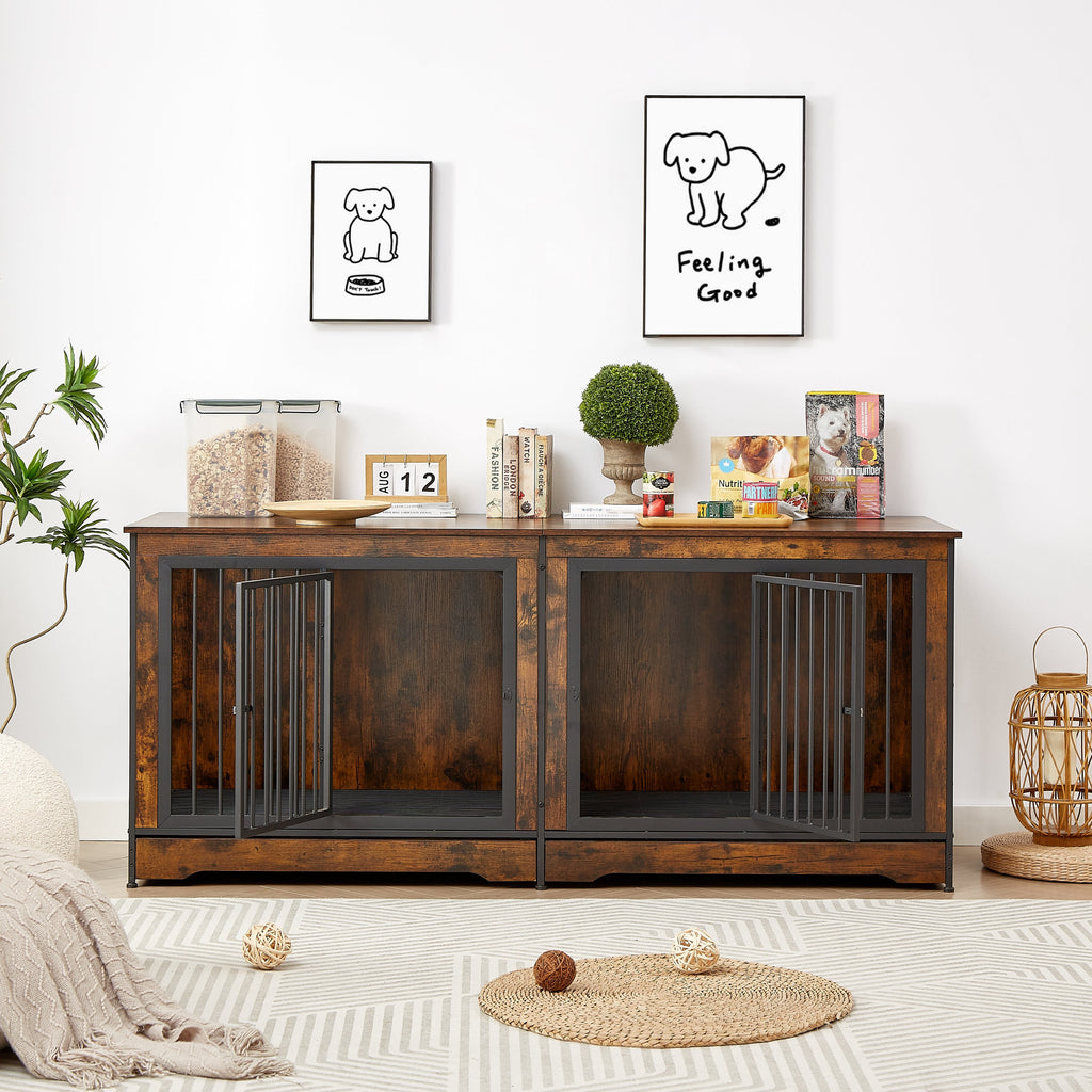 Super large dog crate furniture for two dogs with tray, TV stand. Rustic Brown, 75'' W x 26.4'' D x 32.3'' H.