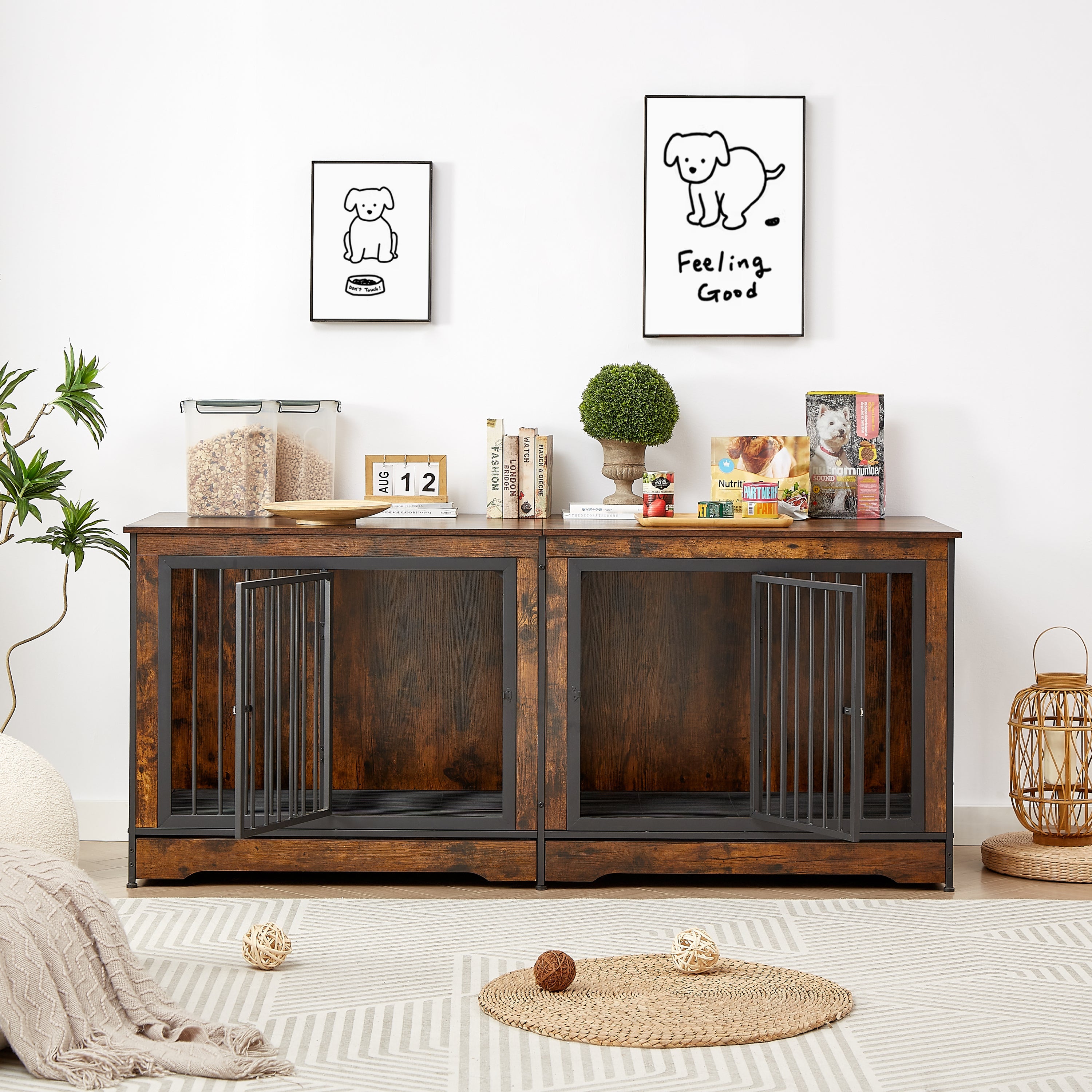 Super large dog crate furniture for two dogs with tray, TV stand. Rustic Brown, 75'' W x 26.4'' D x 32.3'' H.