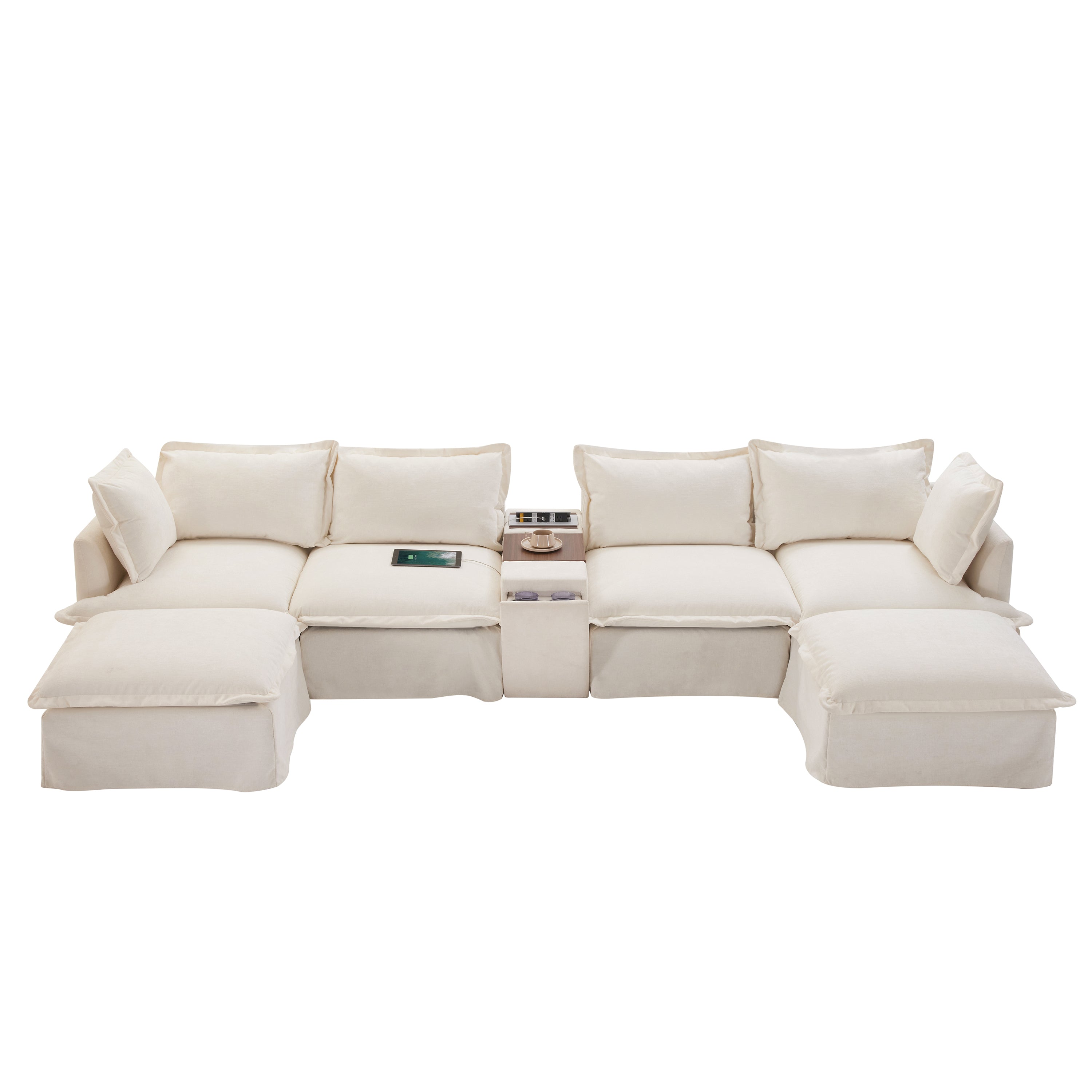 [VIDEO+NEW]131'' Modular Sectional Sofa with Movable Ottoman and Console,Cup Holder,Wide Seat,6 Seat U Shaped Couch,Oversized Chenille Sofa with USB Charger for Living Room,Apartment,2 Colors