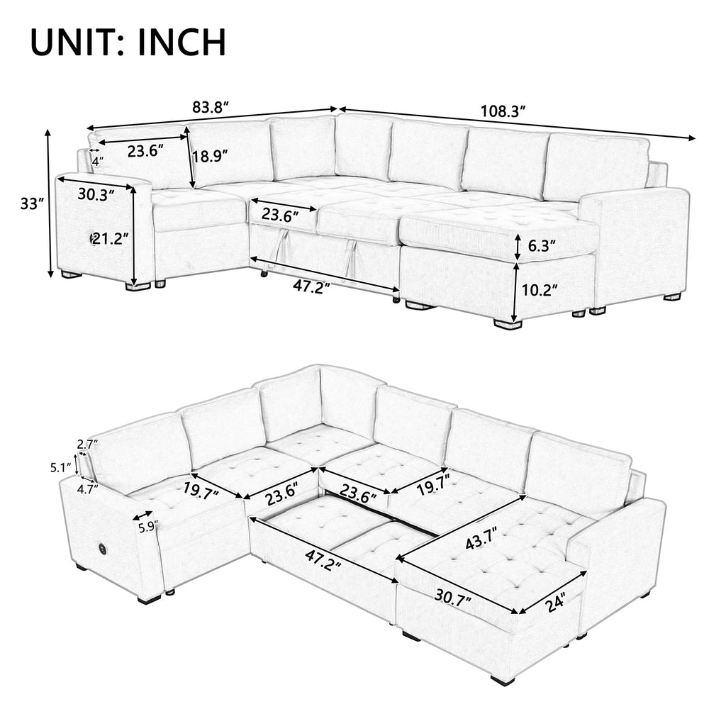 U_Style Sectional Sleeper Sofa with Pull-out Bed and Lounge Chair, USB and Type-C Interfaces, Suitable for Living Room, Office, and Spacious Spaces