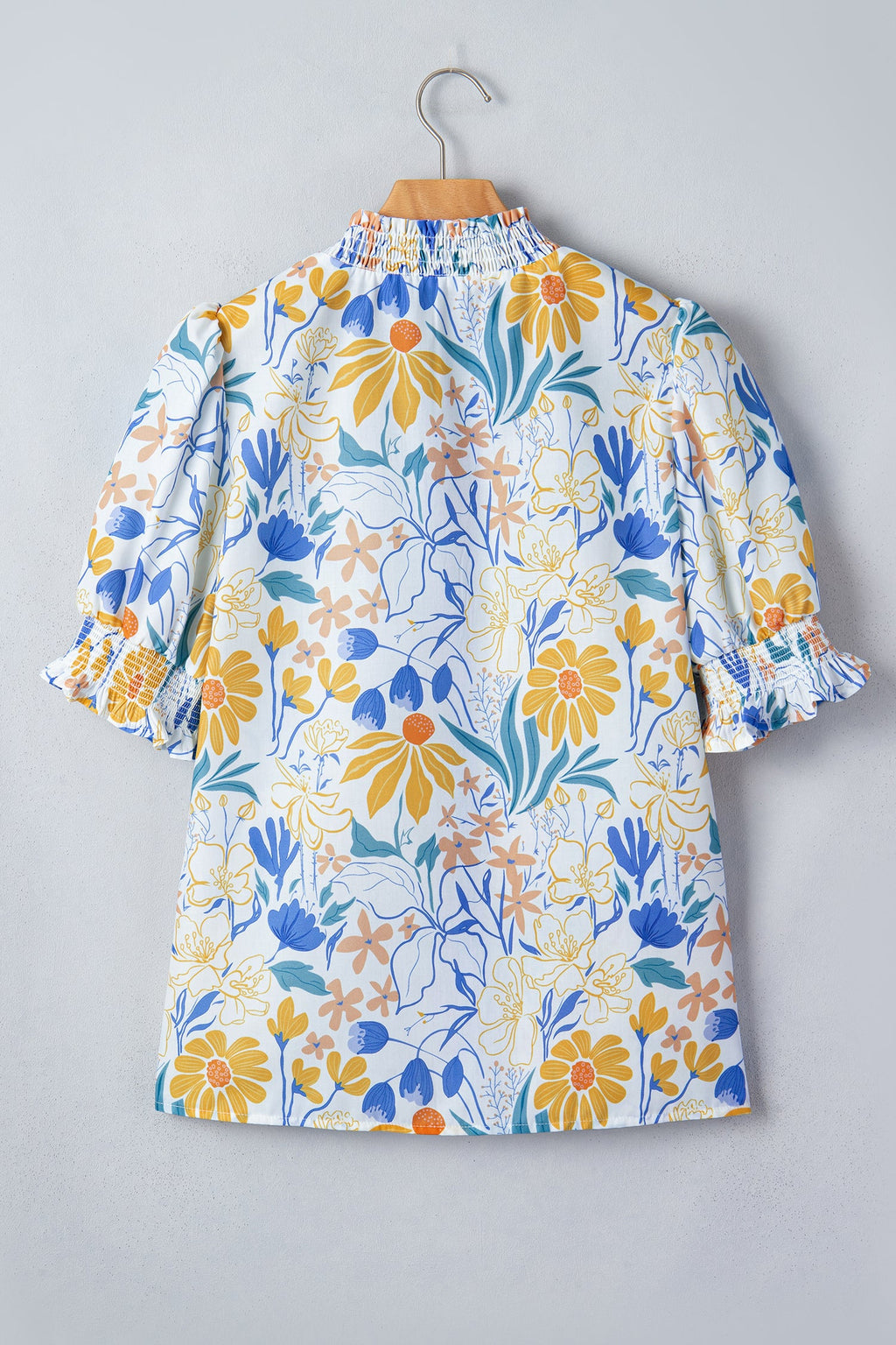 Floral Stripe Trim V-Neck Puff Sleeve Blouse