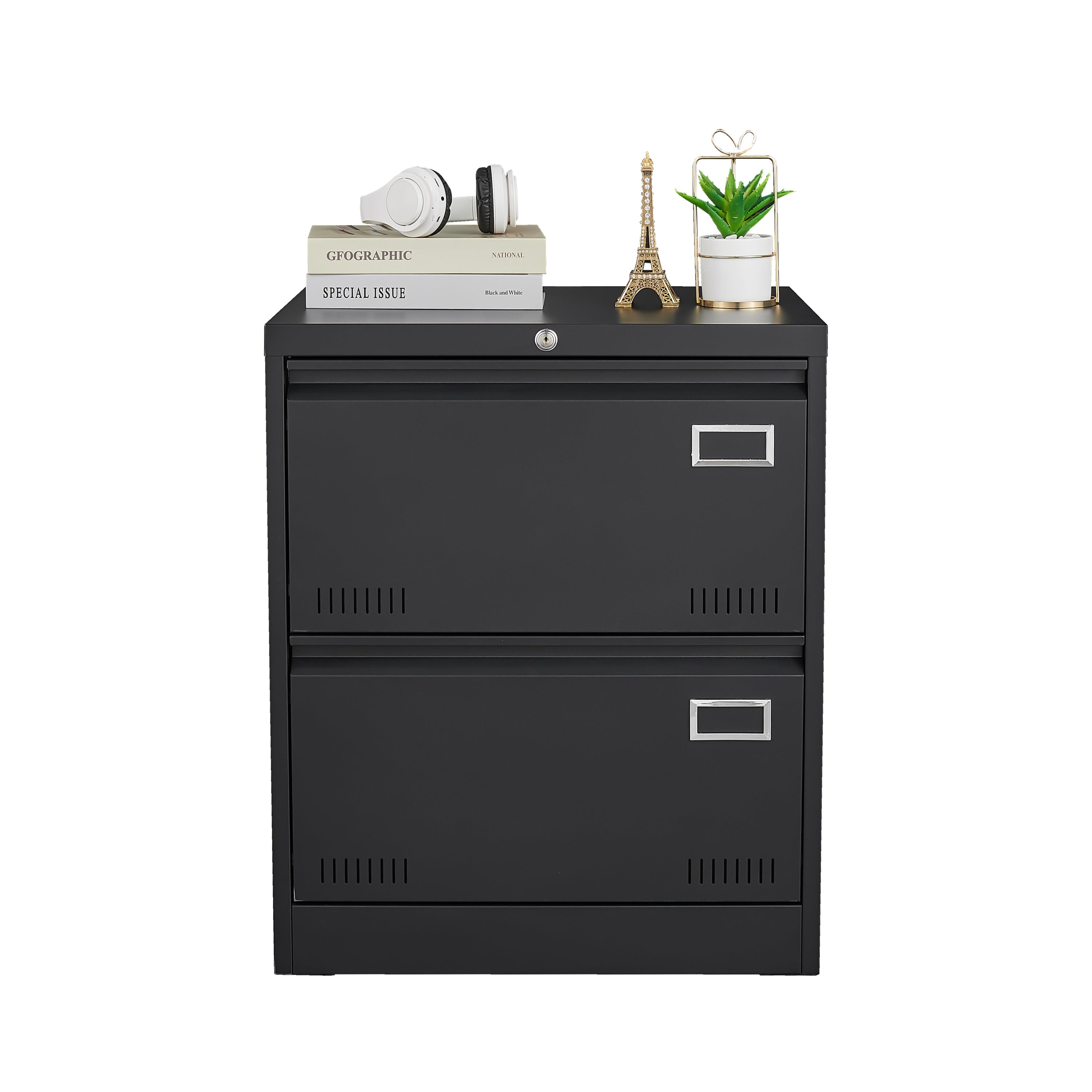 Modern Black Metal 2 Drawer Lateral File Cabinet with Lock for Home Office Use