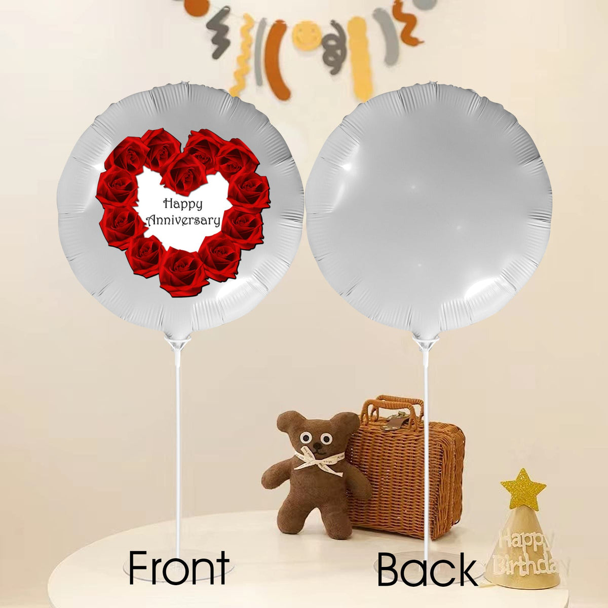 Happy Anniversary with Red Roses 18-inch Custom Aluminum Foil Balloons - Pack of 3 (Made in USA)