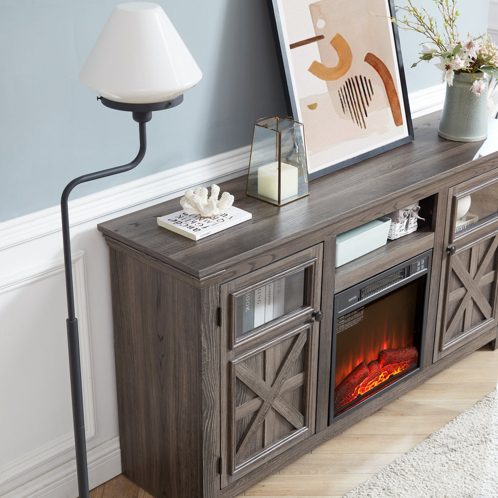 2 Doors Cabinet Farmhouse  Cabinet, Farmhouse TV Stand Barn Design,Farmhouse TV Media Stand, Large Barn Inspired Home Entertainment Console with 18' fireplace insert,GREY, 60.23'W*15.35'D*31.7'H