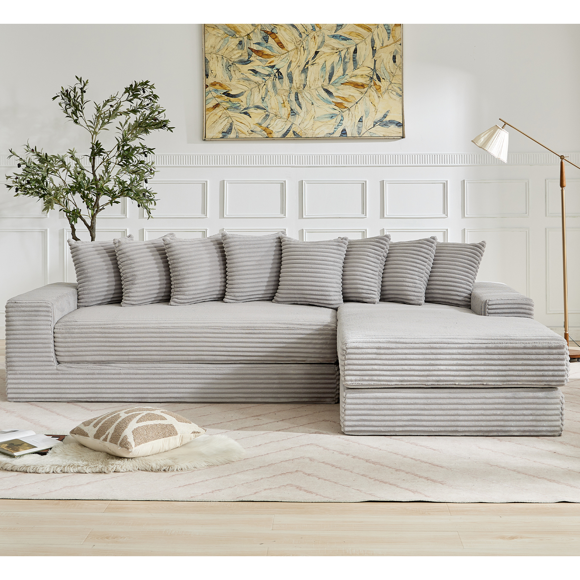 [NEW ARRIVED] [VIDEO PROVIDED] Oversize Cloud Couch, L-Shape Sofa, Convertible Floor Sleeper Sofa Bed, No Assembly ,Eight pillows,3-in-1,Magazine bag,(Right Facing Sofa),3 Seat,Corduroy,Light Gray