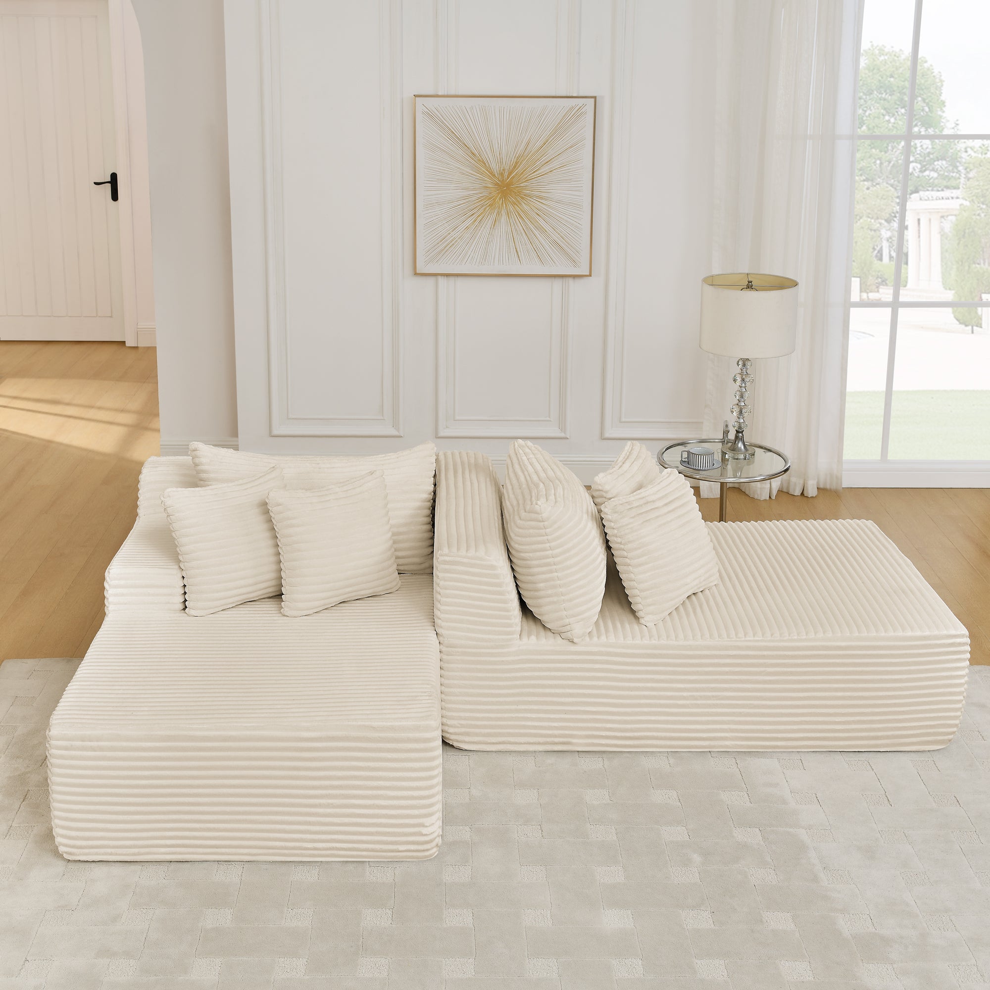 Two-seater lazy sofa lounge chair,Compressed sofa no assembly required, made of velvet fabric, fluffy modern lounge chair, used for indoor living rooms and bedrooms-Beige
