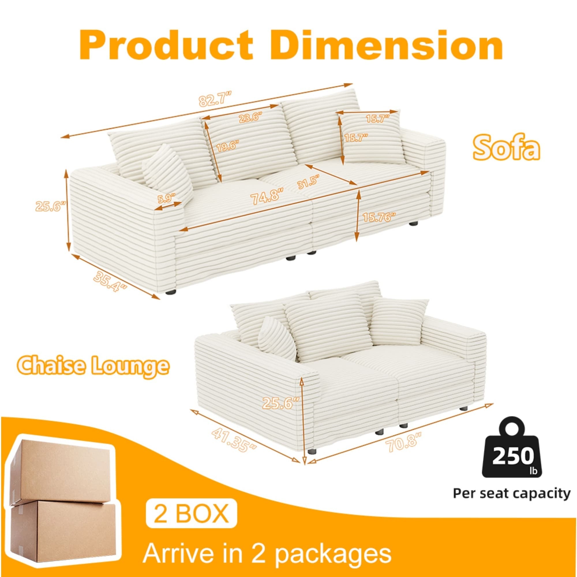 82.7 ' Plush Corduroy 3-Seat Sofa, Modern Comfy Upholstered Sofa Cloud Couch, Deep Seat Couches with Soft Pillows and 1 Ottomans, Convertible Sofa Lounge Chair, for Living Room,Apartment,Office,Beige