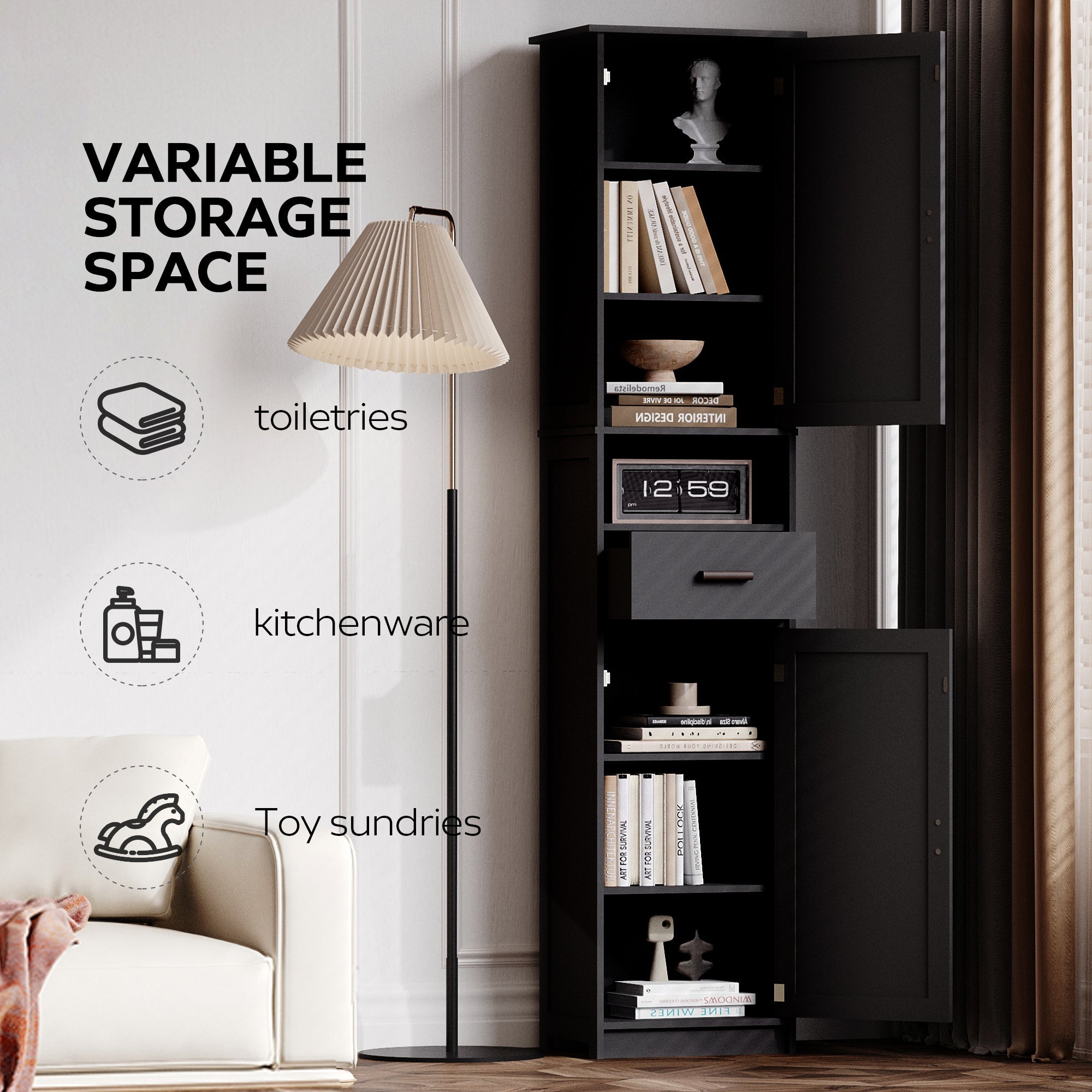 69' H Tall Bathroom Storage Cabinet with 2 Barn Doors and 1 Drawer, Narrow Storage Unit, Adjustable Shelves,Floor Cabinet for Bathroom, Living Room, Entryway,Kitchen,(Black)