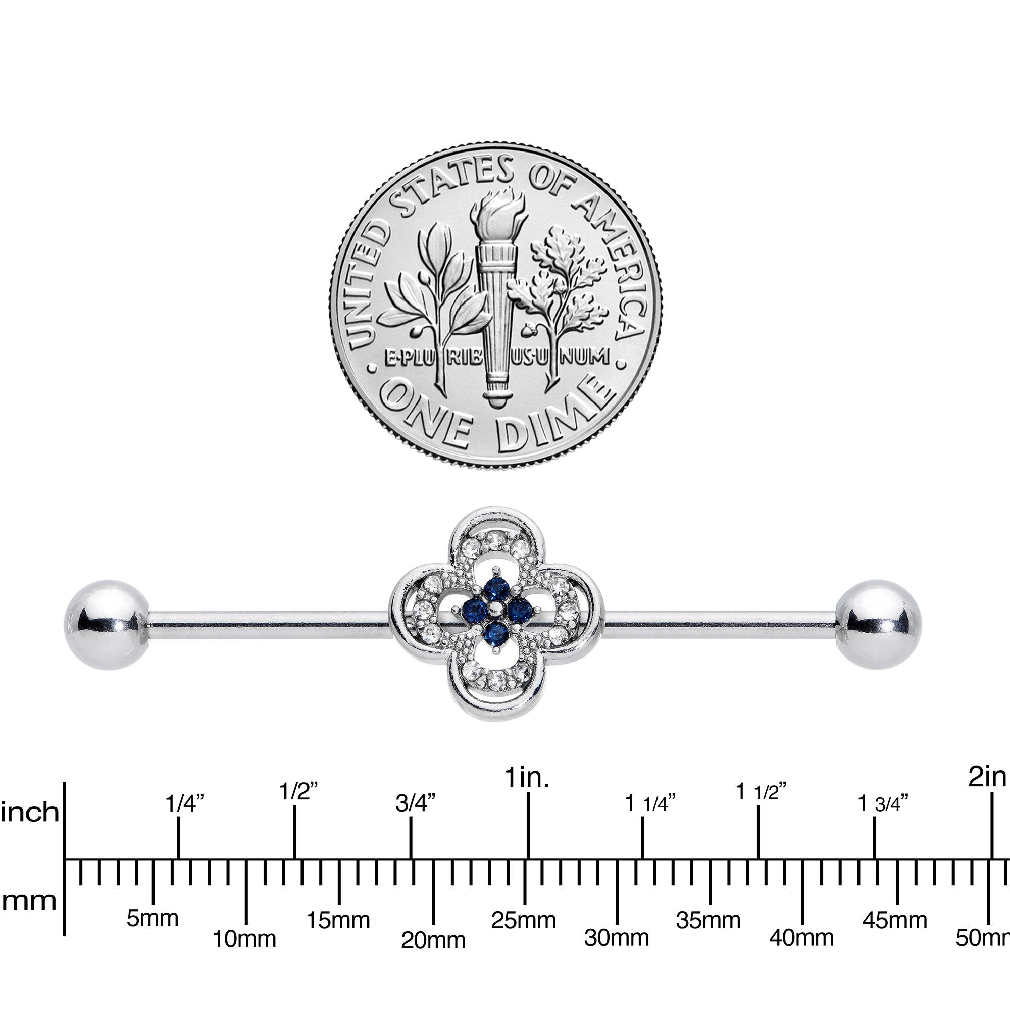 14G Blue Gem Stylized Deco Cross Industrial Barbell 38mm