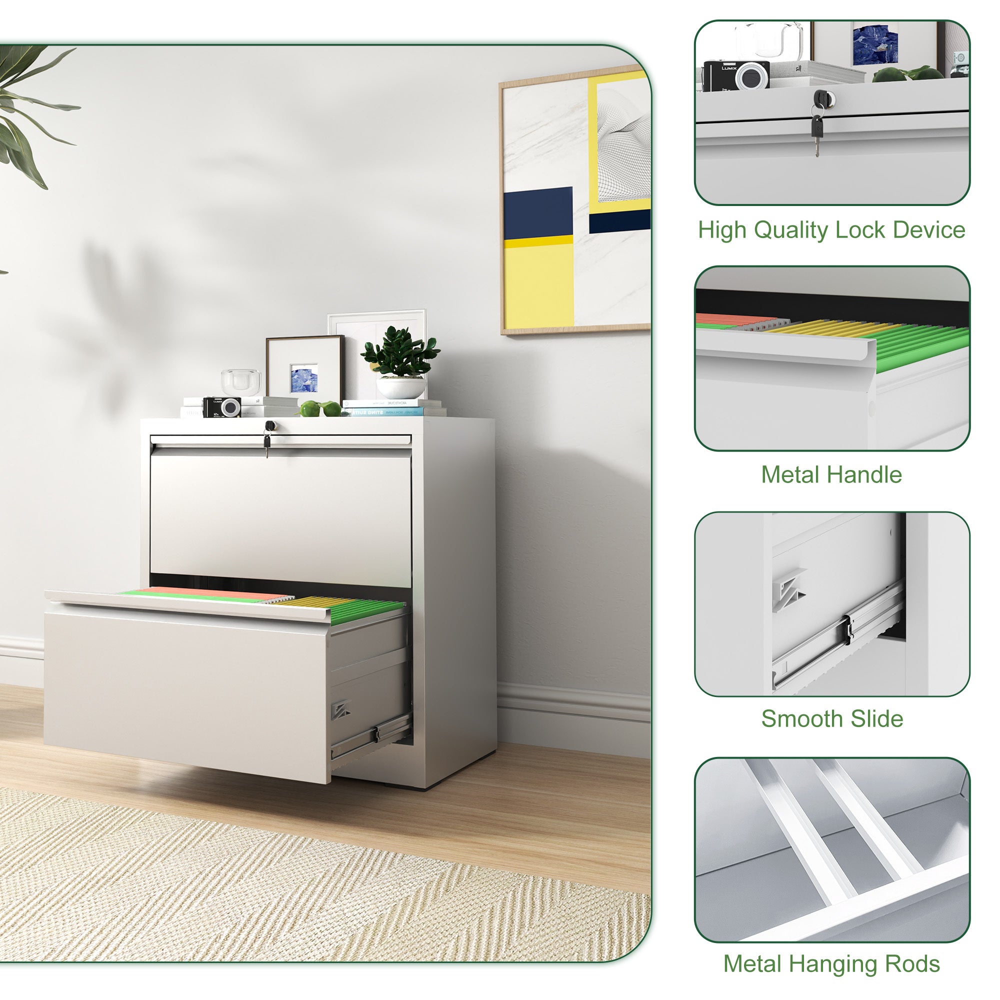 Premium 2 Drawer Metal Lateral File Cabinet with Lock, White Steel Filing Cabinet for Home Office