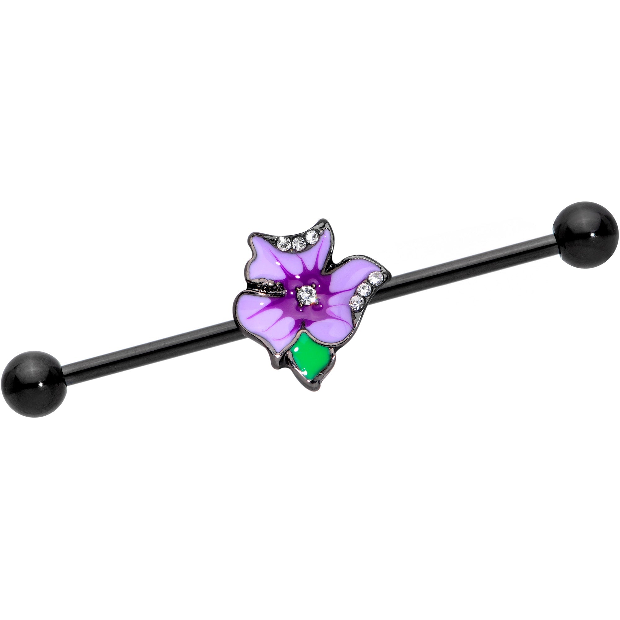14G Clear Gem Black Iris Flower Industrial Barbell 38mm