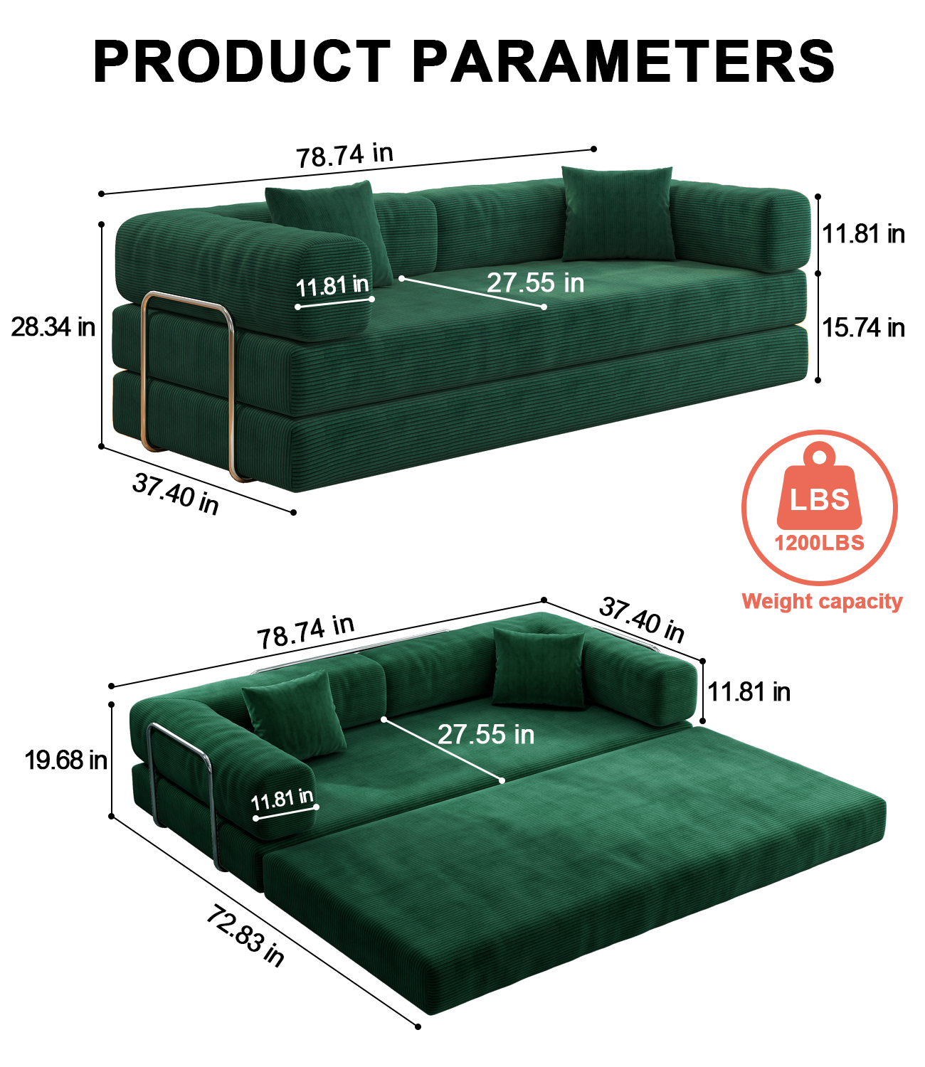 78.8inch  Modular Sectional Sofa, Convertible Pudding Block Sofa, Floor Standing Sofa Bed Arm Comfort Sofa Bed, Compression Sofa for Living Room and Bedroom -  (Green)