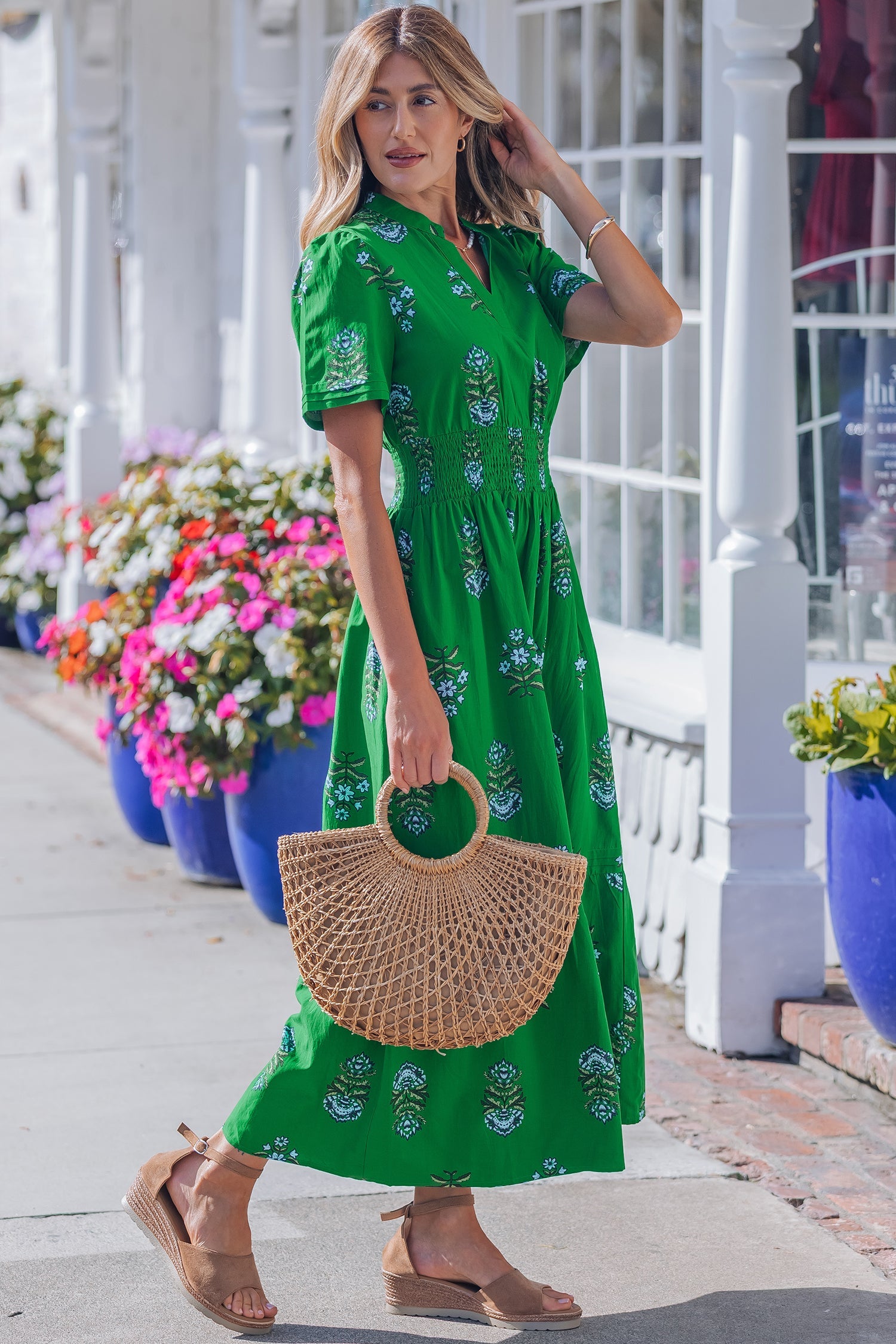 Floral Split Neck Shirred High Waist Maxi Dress