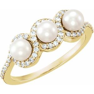 14K Yellow Gold Cultured White Freshwater Pearl & 1/5 CTW Natural Diamond Halo-Style Ring