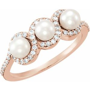 14K Rose Gold Cultured White Freshwater Pearl & 1/5 CTW Natural Diamond Halo-Style Ring