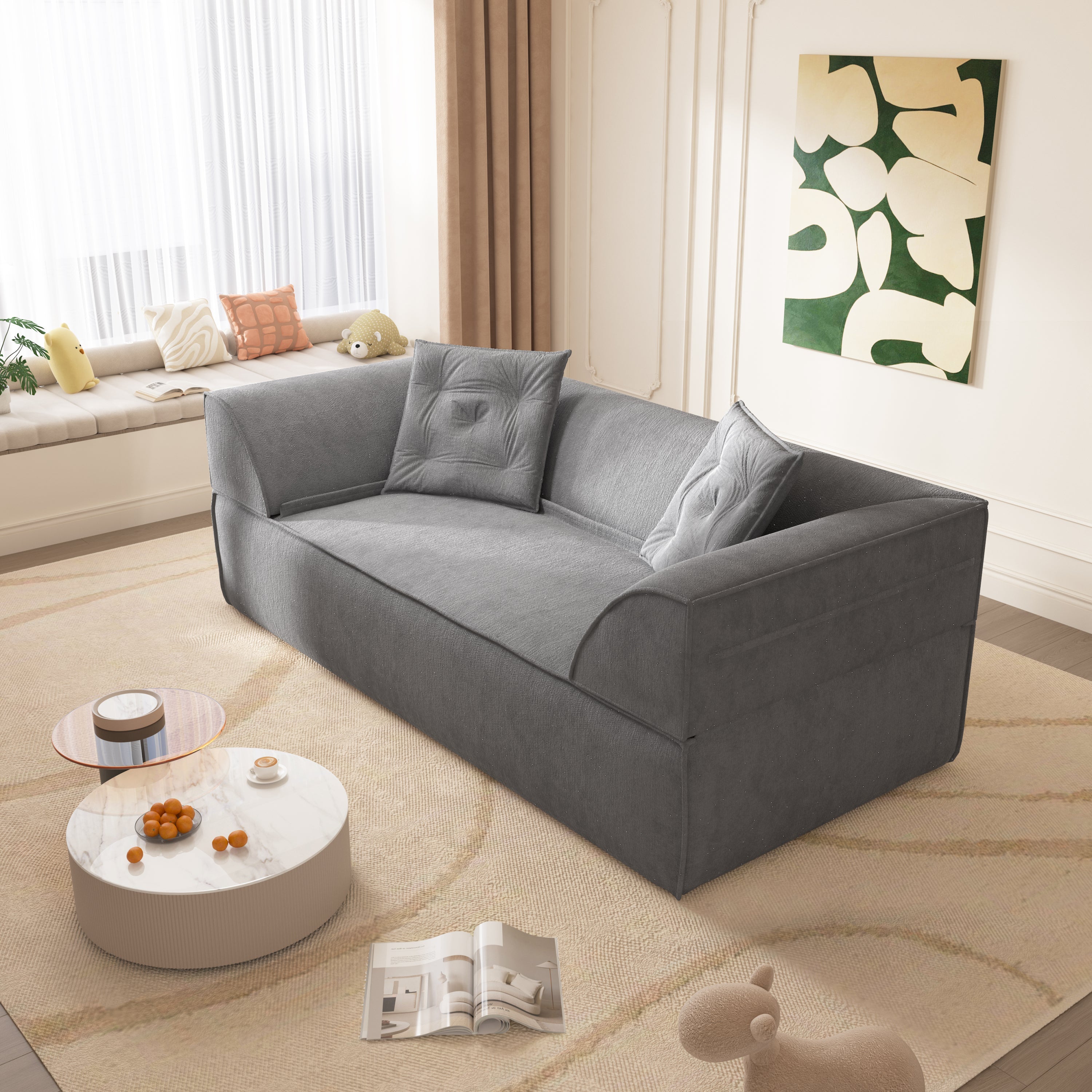 3-in-1 Convertible Sofa Bed, 79.5' Modern Deep Seat Couch with 2 Pillows, 3-Seater Sofa, Sparkling Chenille Fabric Sofa,Chaise Lounge for Living Room, Studio,Office,Grey