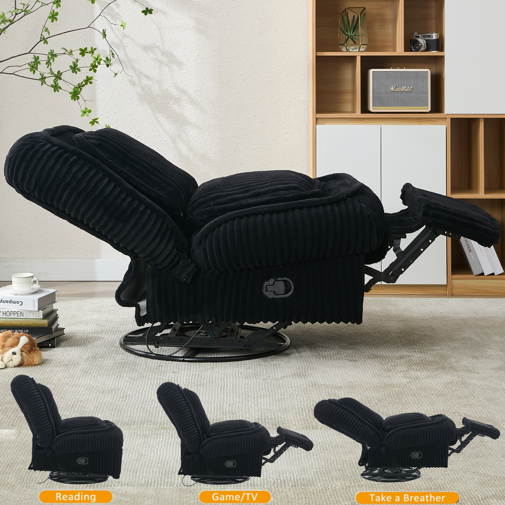 [NEW ARRIVED] 360° Swivel Rocking Single Sofa,Recliner Sofa, Manual Glider Rocking Armless Chair,Living Room Office, With Adjustable Backrest and Footrest and pillows, Small Spaces,Corduroy , Black