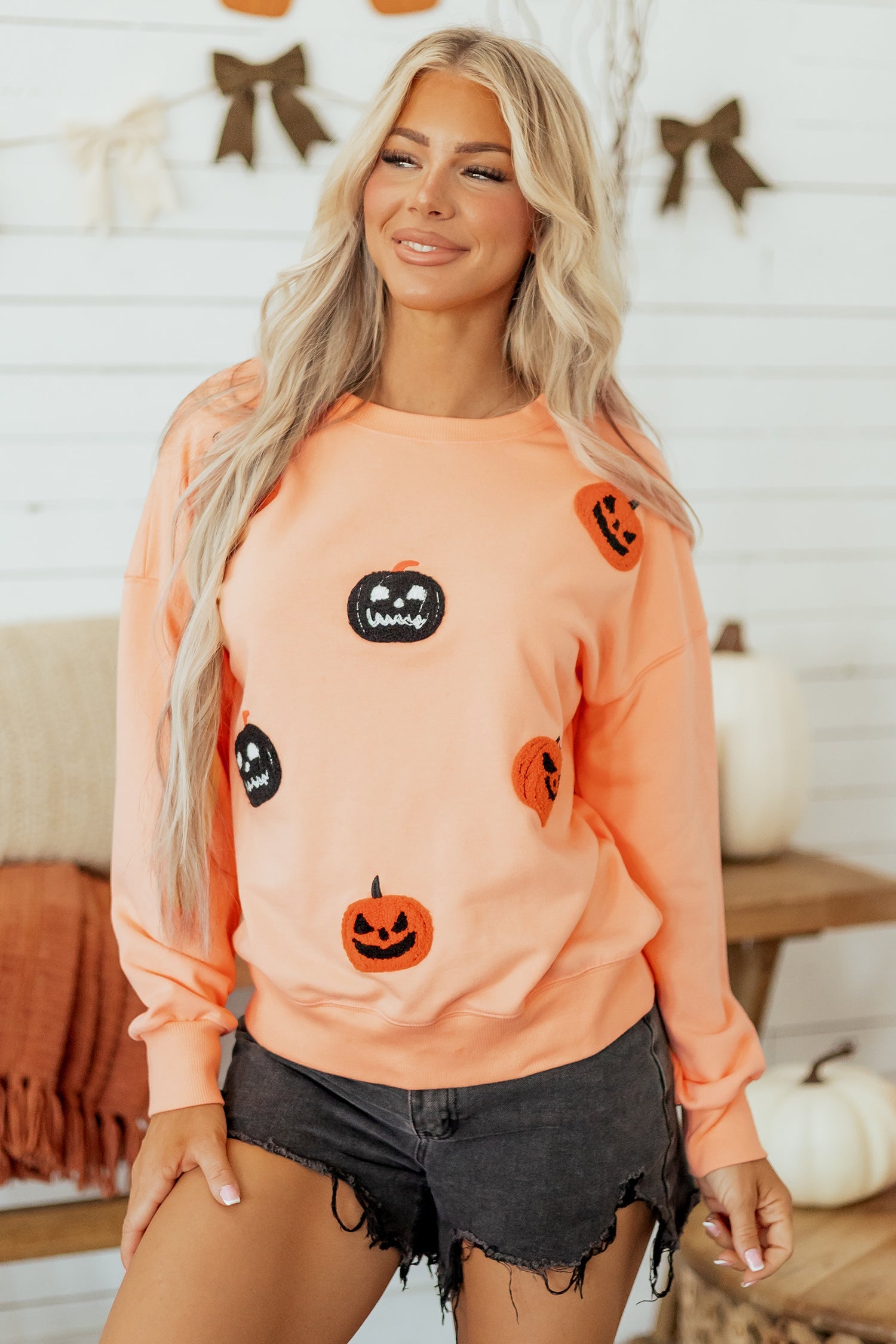 Halloween Embroidered Jack-O-Lantern Drop Shoulder Sweatshirt