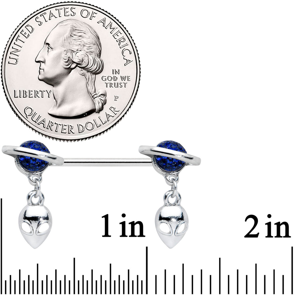 14G 9/16 Alien Dangle Blue Saturn Barbell Nipple Ring Set