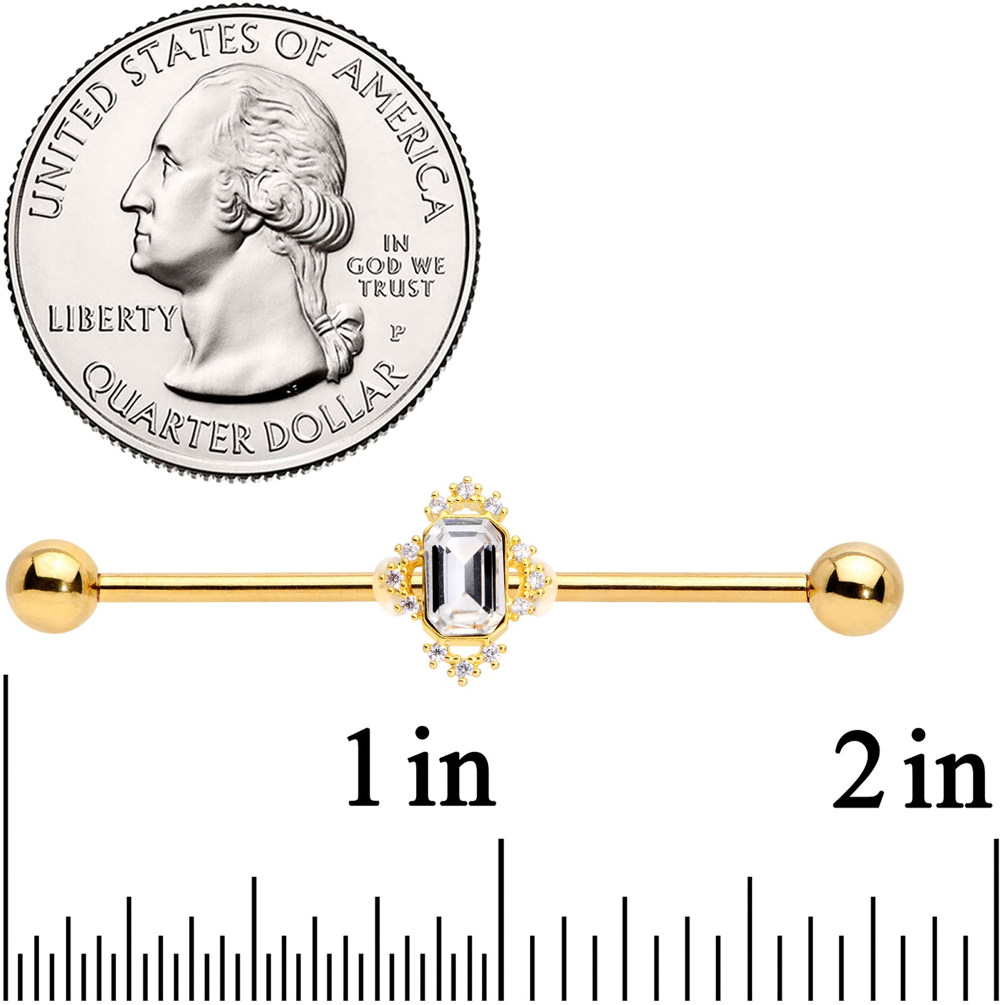 14G Clear Gem Gold Tone Regal Rectangle Industrial Barbell 38mm