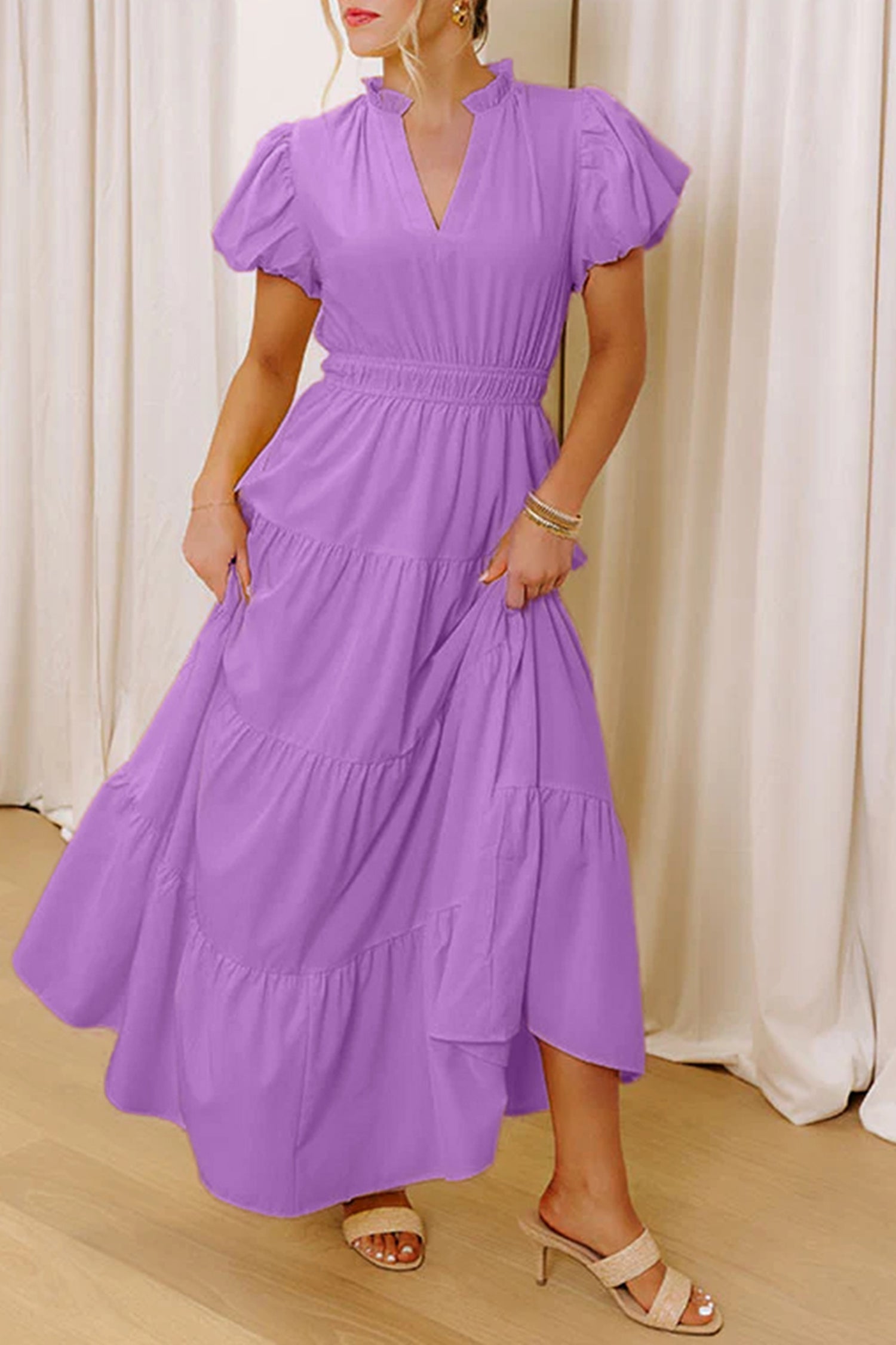 Solid V-Neck Short Puff Sleeve Tiered Maxi Dress