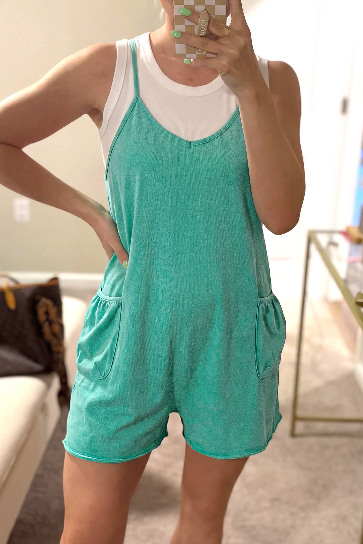 Mineral Wash Spaghetti Strap Pocketed Romper