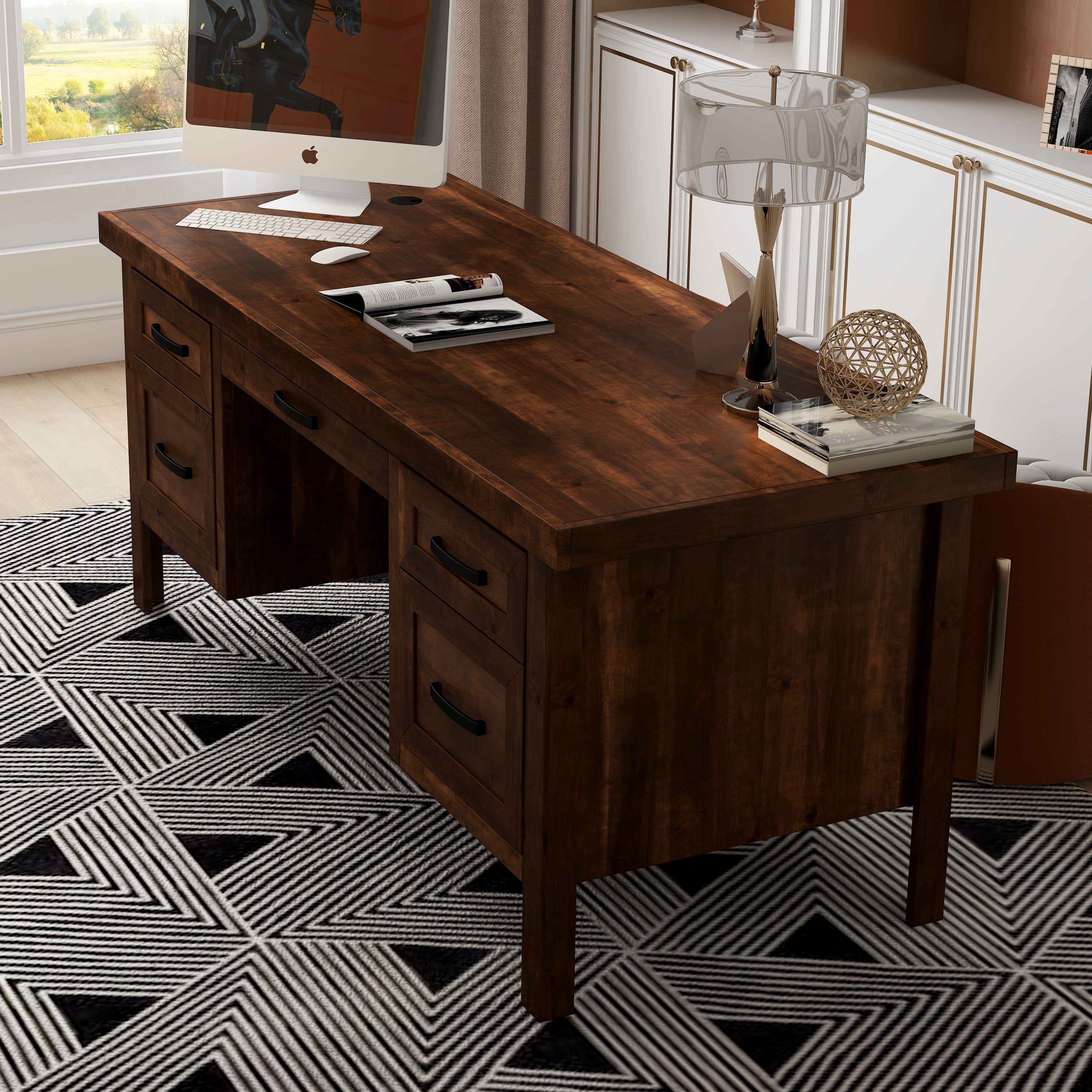 71 inch Executive Desk, No Assembly Required, Whiskey Finish