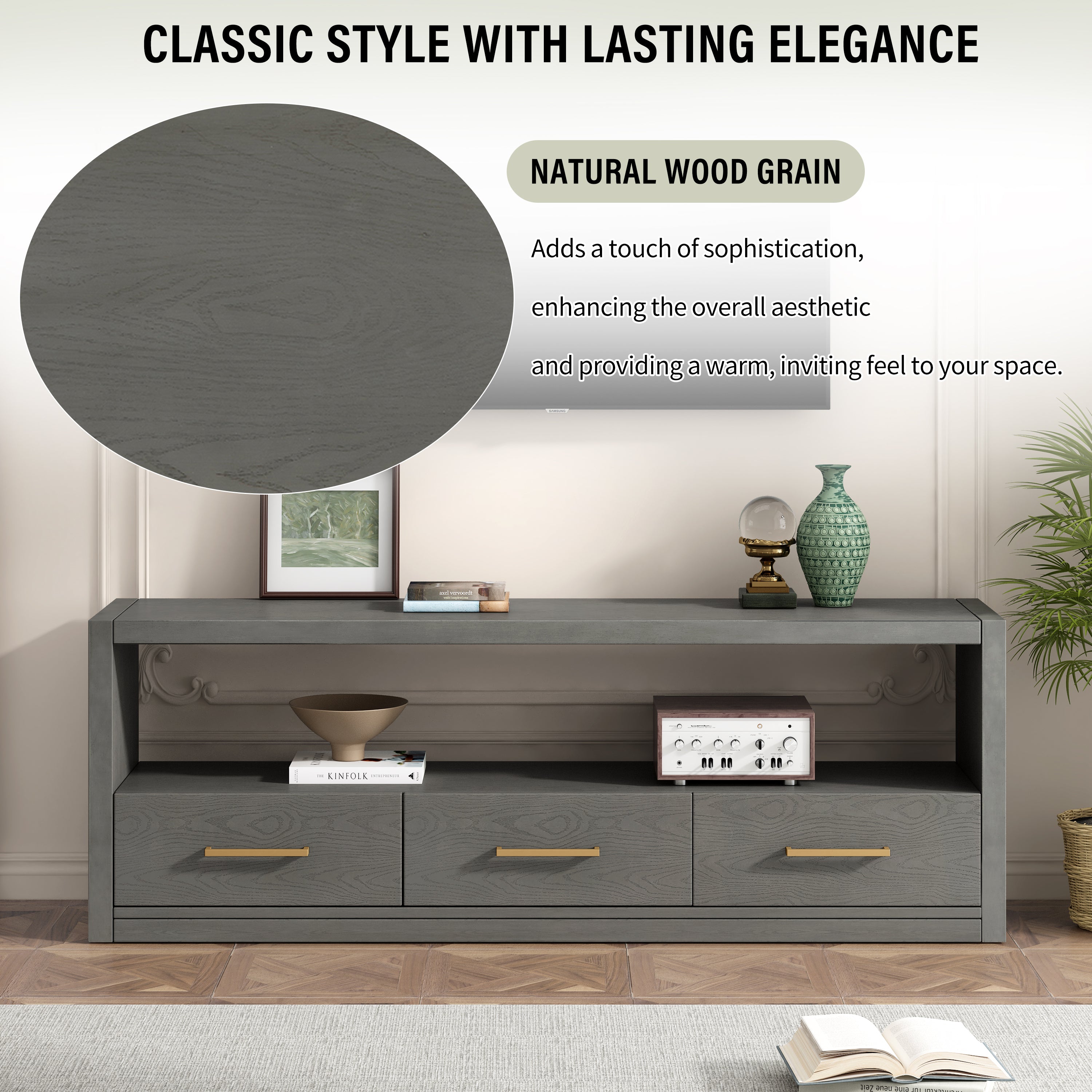 Mirod Stylish TV Stand with Ample Storage,Classic Design with Three Drawers and Spacious Surface,Minimalist Metal Handles,Versatile as TV Console or Side Cabinet