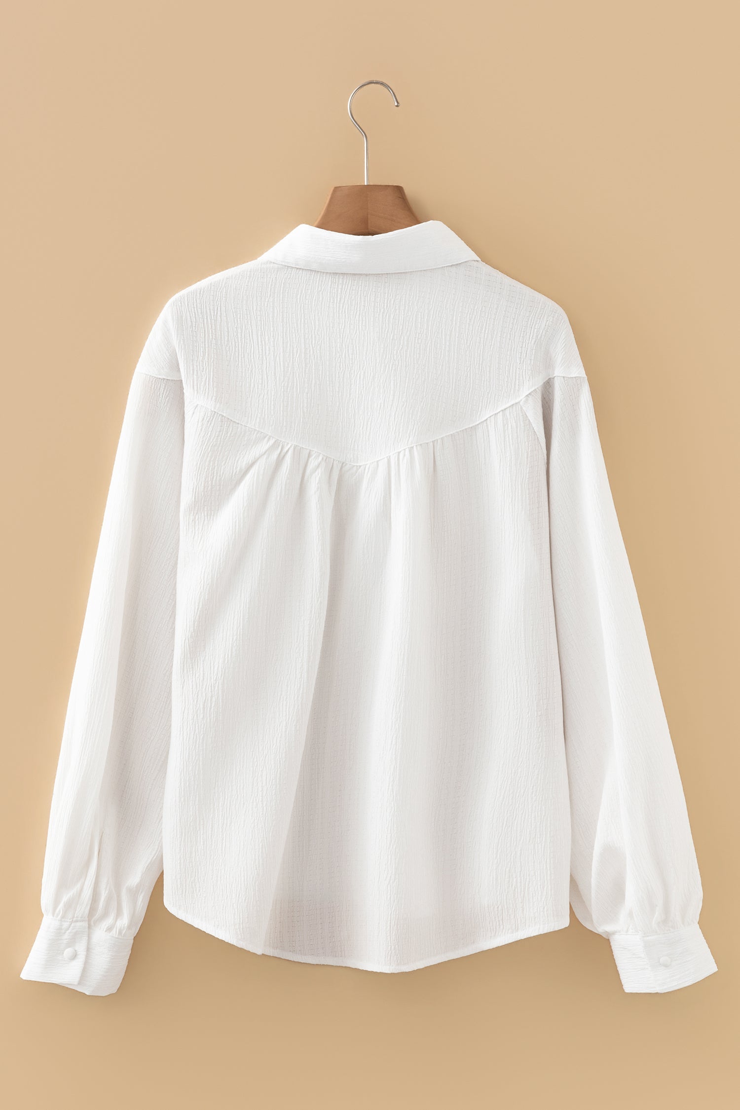 Solid Crinkled Lantern Sleeve Buttoned Shirt