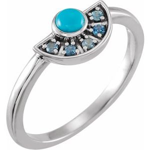 Sterling Silver Natural Turquoise & Natural Aquamarine Fan Ring