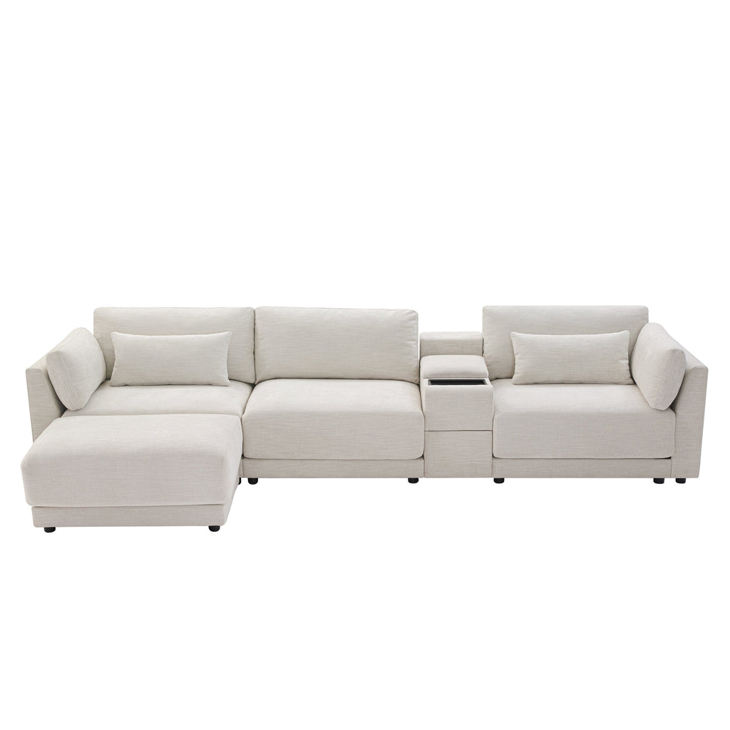 [VIDEO+NEW]124'' Modular Sectional Sofa with Storage Console and Movable Ottoman,33'' Wide Seat,4 Seat L Shaped Chenille Couch,Reversible Comfy Sofa with USB Charger for Living Room,Apartment,2 Colors