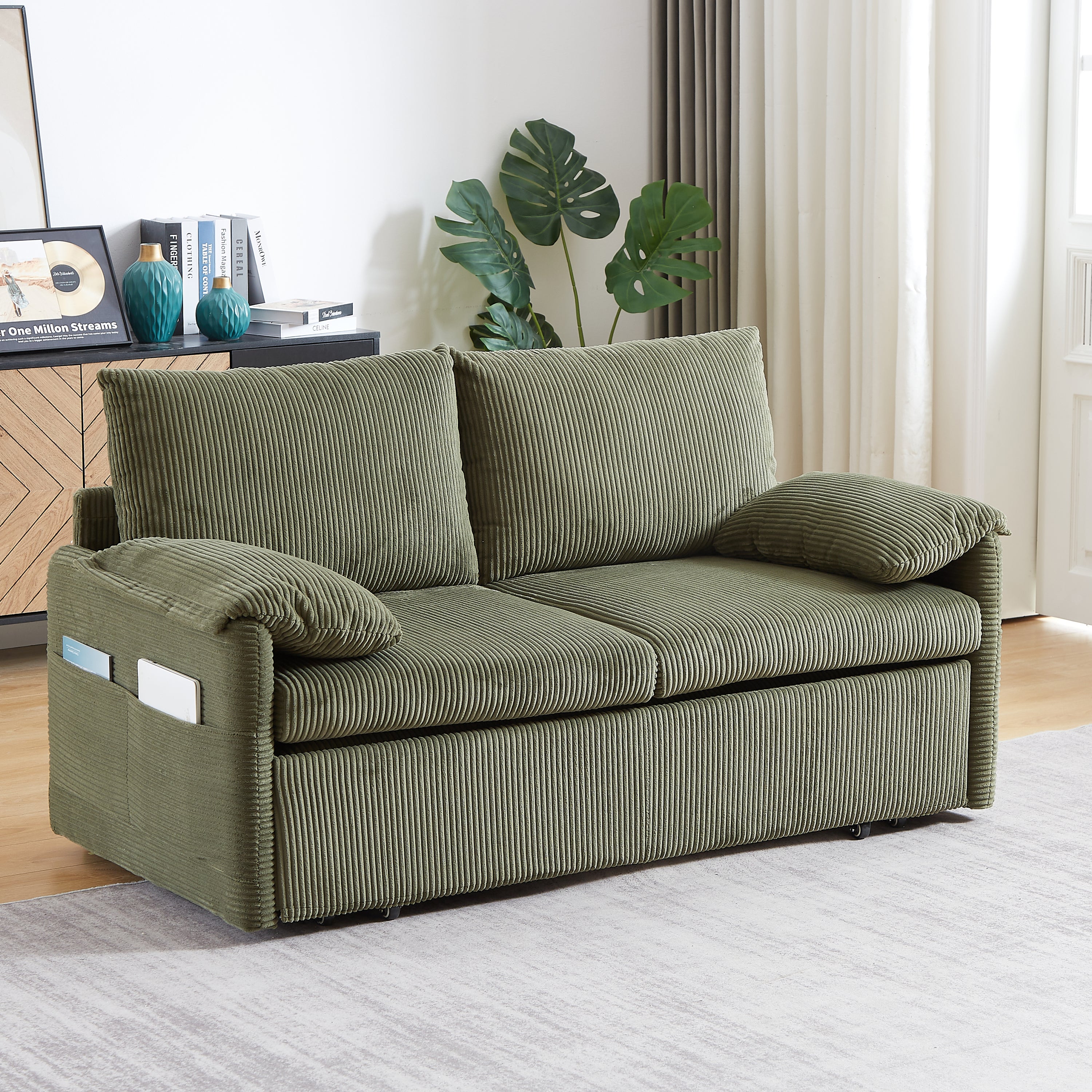MH'' 64.5 Inch Sleeper Sofa Bed  3-in-1 Adjustable Sleeper with Pullout Bed   2 Pillows and Side Pockets  Soft Corduroy Convertible Sleeper Sofa Bed for Living Room Bedroom Apartment Office