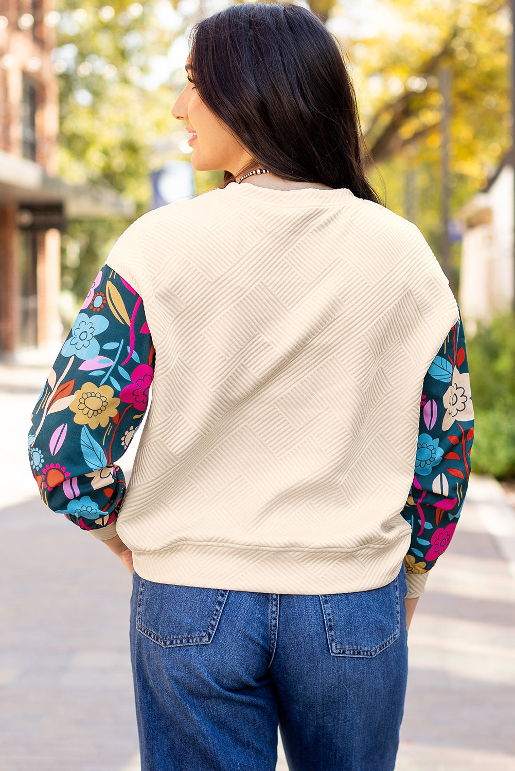 Floral Sleeve Textured Knit Drop Shoulder Top