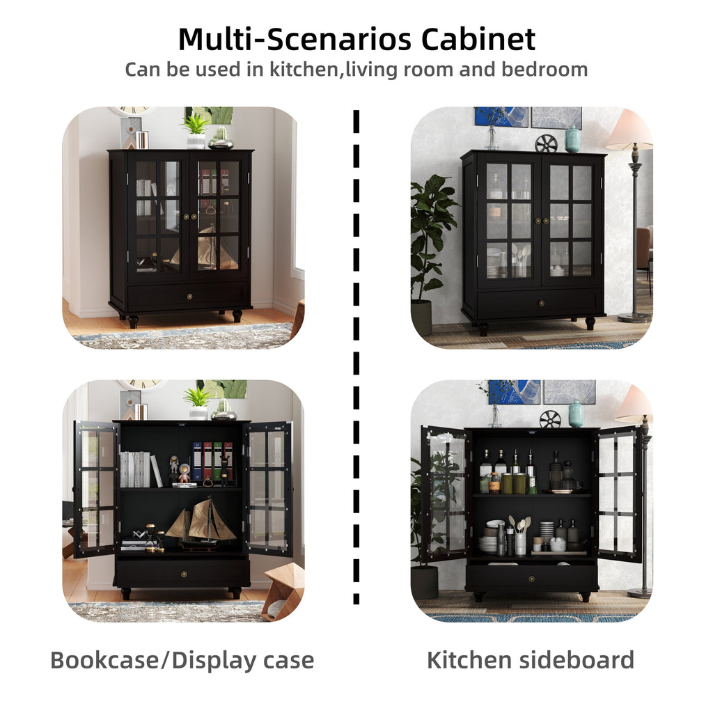 Minimalist Buffet Cabinet with Double Glass Doors and Drawer, Modern Wooden Storage Sideboard in Black