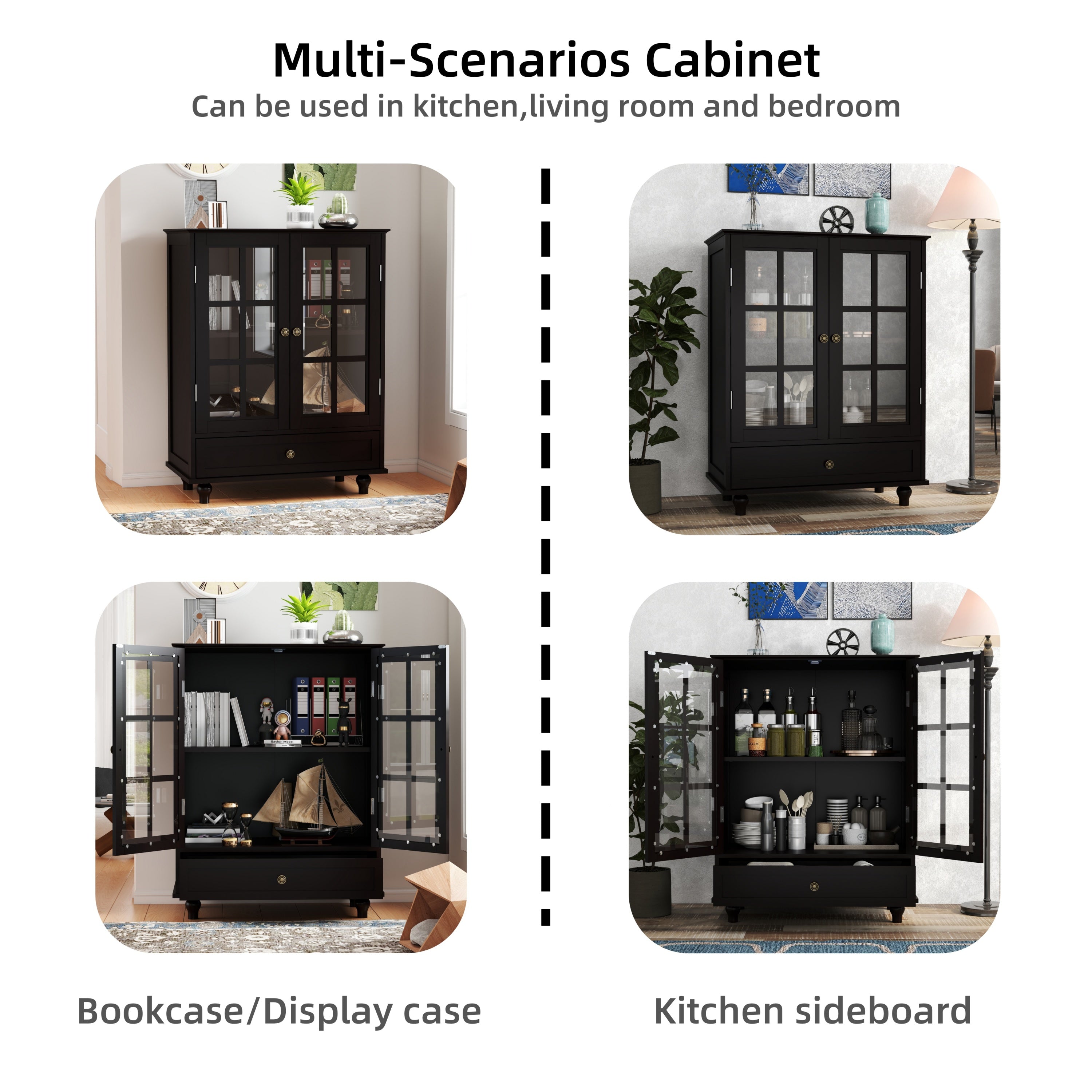 Minimalist Buffet Cabinet with Double Glass Doors and Drawer, Modern Wooden Storage Sideboard in Black