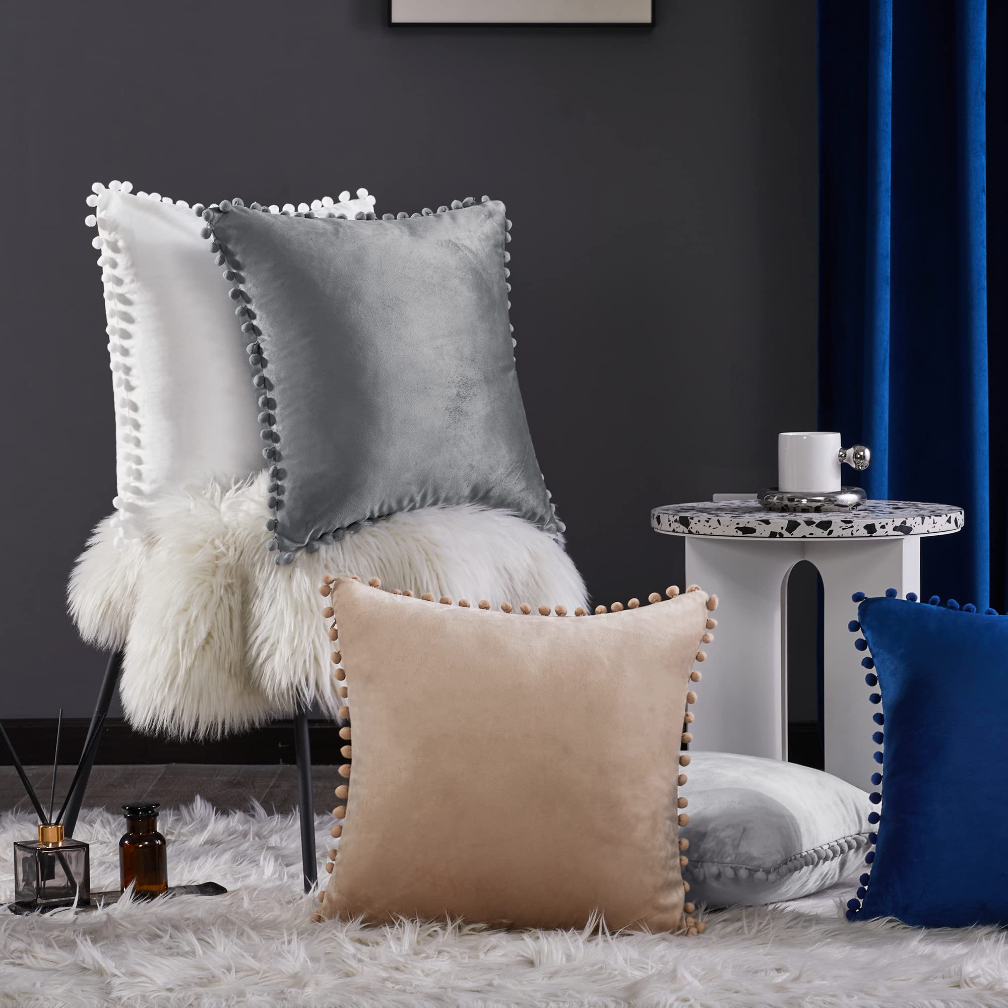Velvet Throw Pillow Covers with Pom-Poms, 26x26 Inch