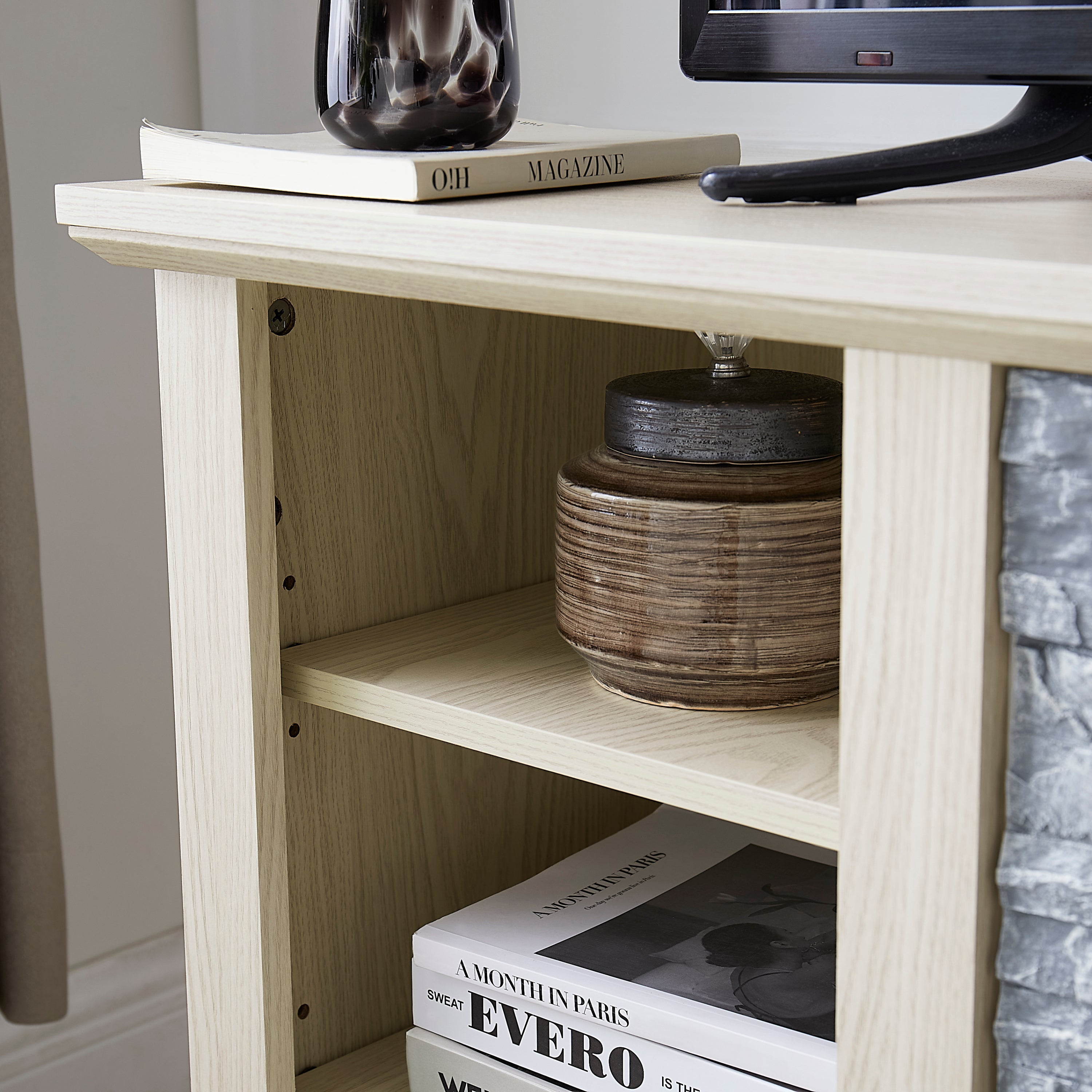 Mantel Stone TV Media Stand with with Faux Stacked Stone Surround, Modern Entertainment Console with Open Storage Space,WHITE, 58.31'W*15.39'D*26.06'H