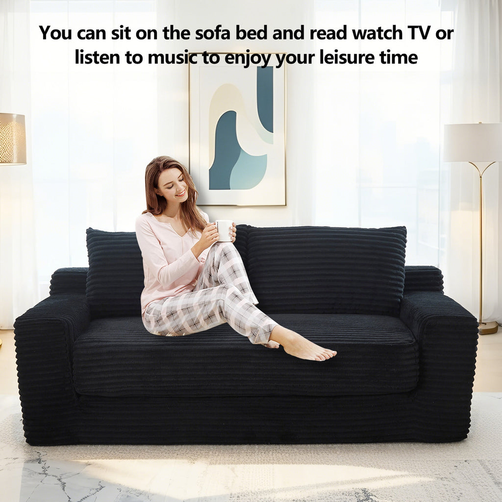 Loveseat Sofa  with Memory Foam & Steel Frame - No Assembly, Convertible 2-in-1 Design, Corduroy Fabric - Compact Couch for Small Spaces, Apartments, Home Office & Bedroom (Black)