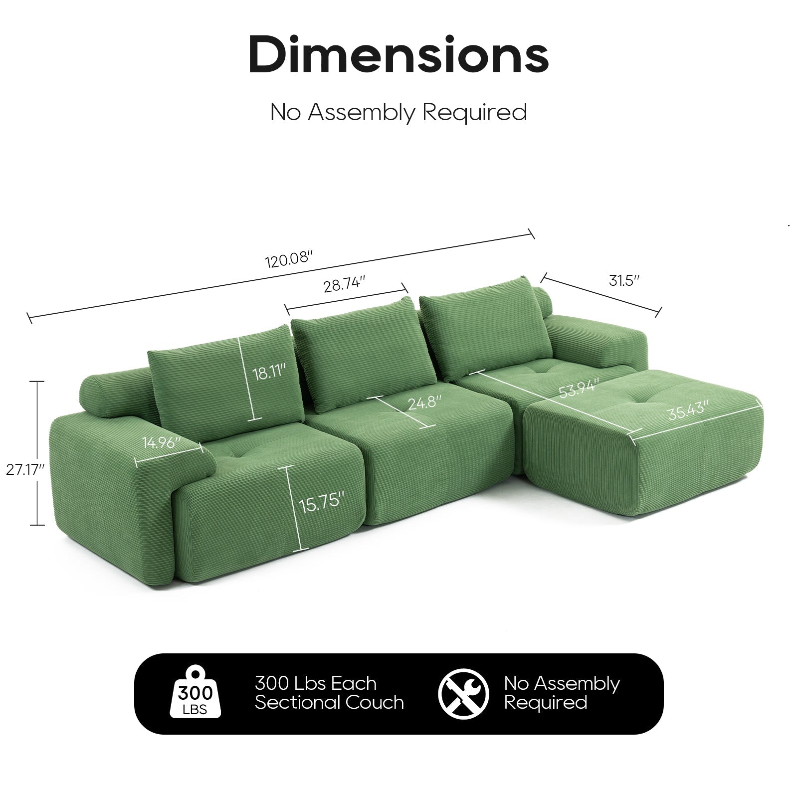 L-Shaped Sectional Couches for Living Room with Memory Foam & Steel Frame - No Assembly Convertible Sofa Bed, Corduroy Fabric Compression Sofa, Modular Couch for Apartments,Bedrooms,Home Theate,Green