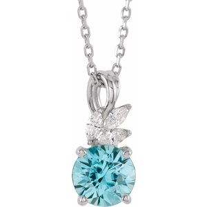 Platinum Natural Blue Zircon & 1/10 CTW Natural Diamond 16-18" Necklace