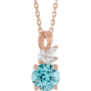 14K Rose Gold Natural Blue Zircon & 1/10 CTW Natural Diamond 16-18" Necklace