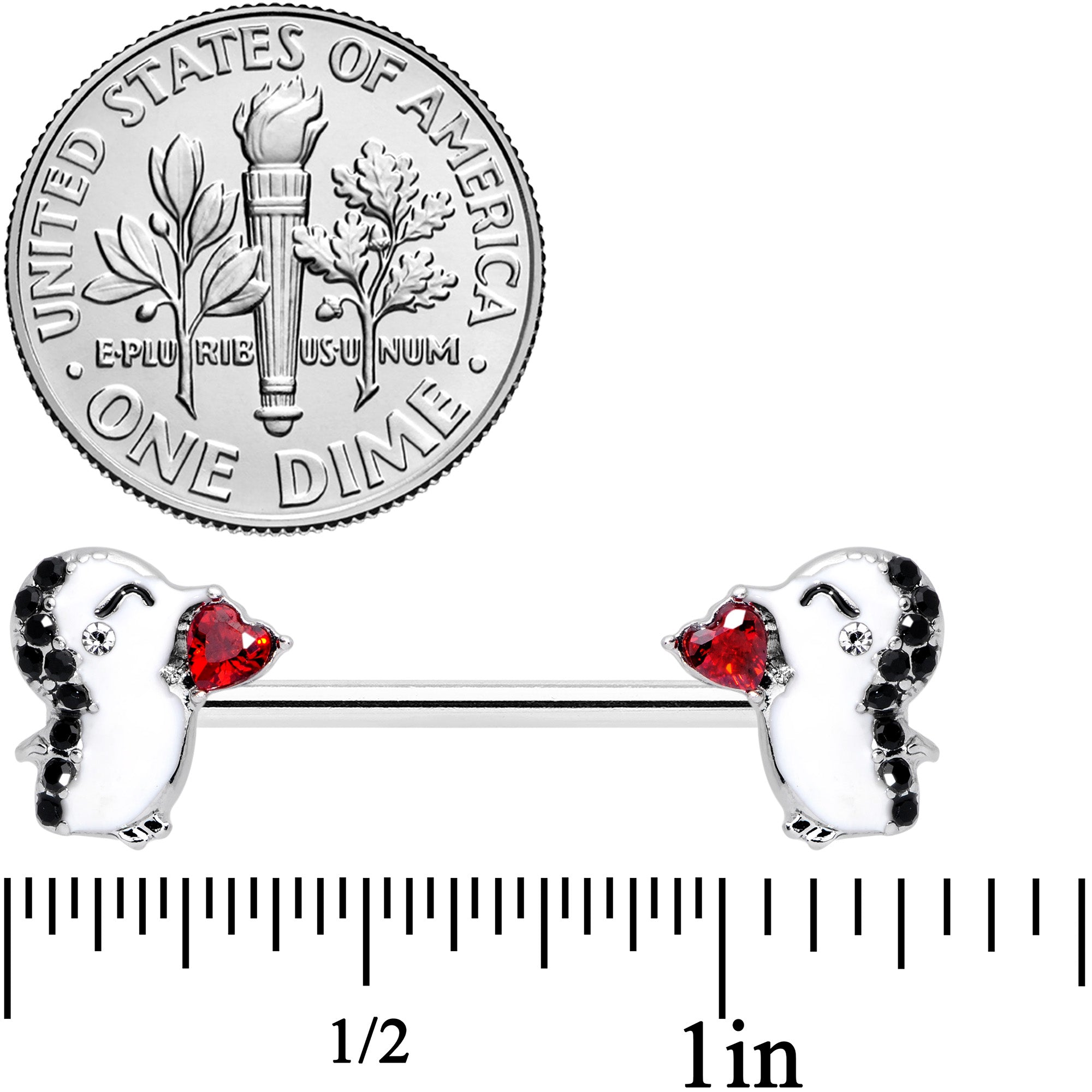 14G 5/8 Red Gem Penguin Heart Valentine Barbell Nipple Ring Set
