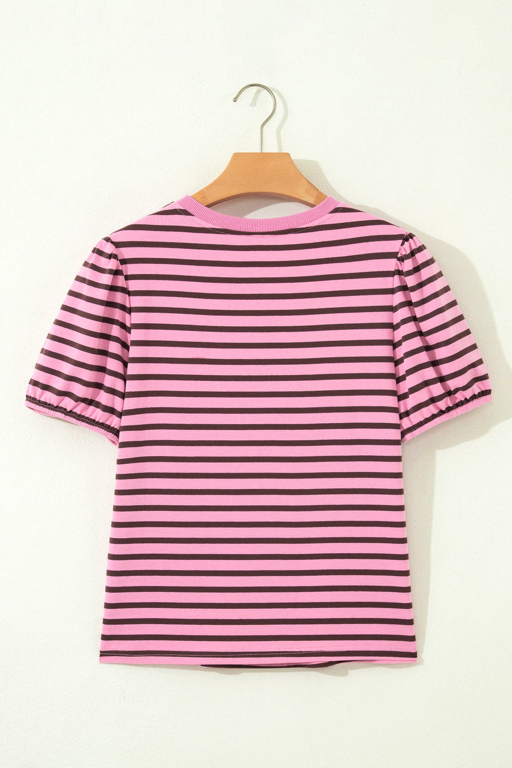 Stripe Ribbed Trim V-Neck Puff Sleeve Top