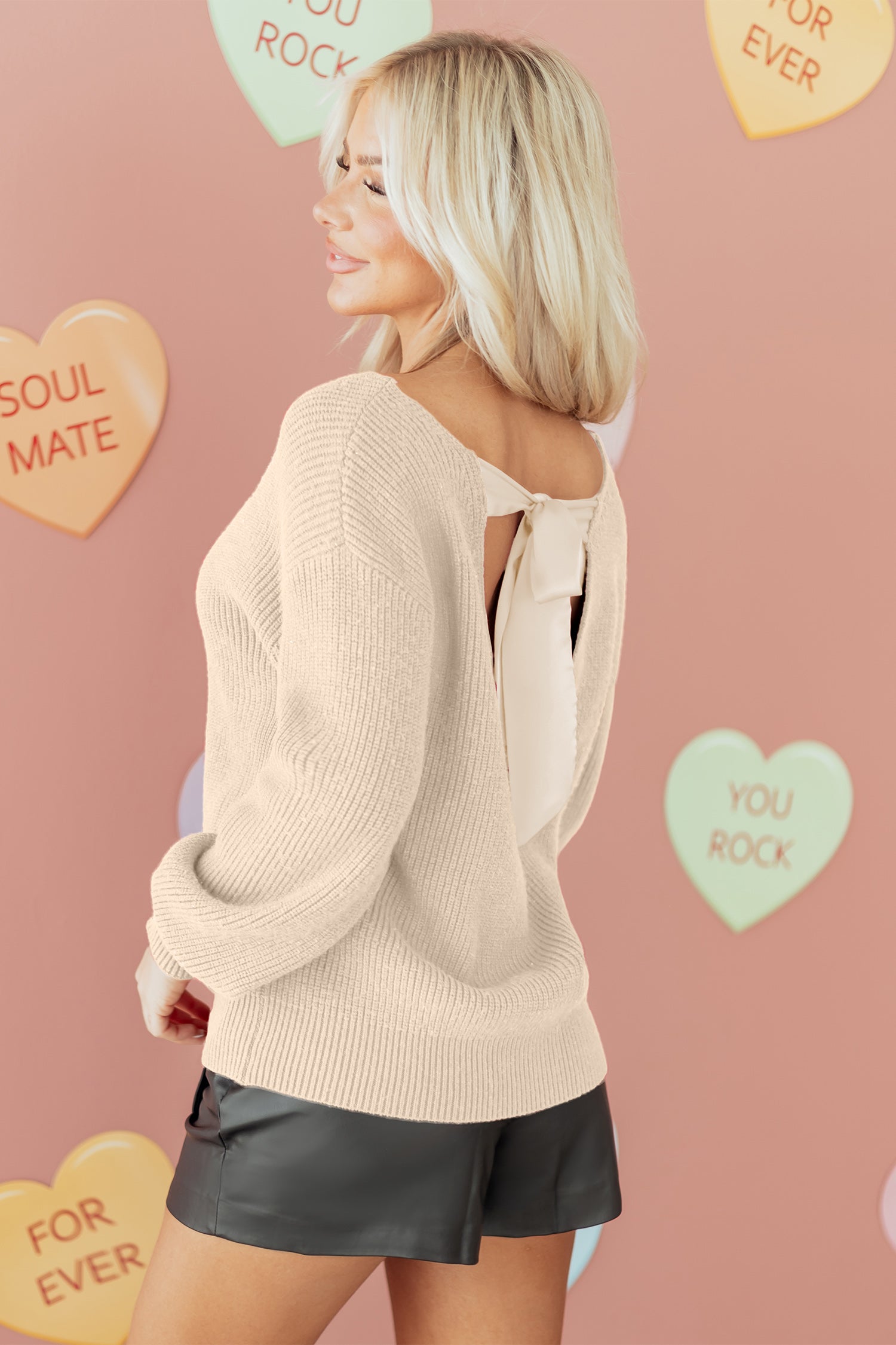 Ribbon Knot Backless Drop Shoulder Ribbed Sweater