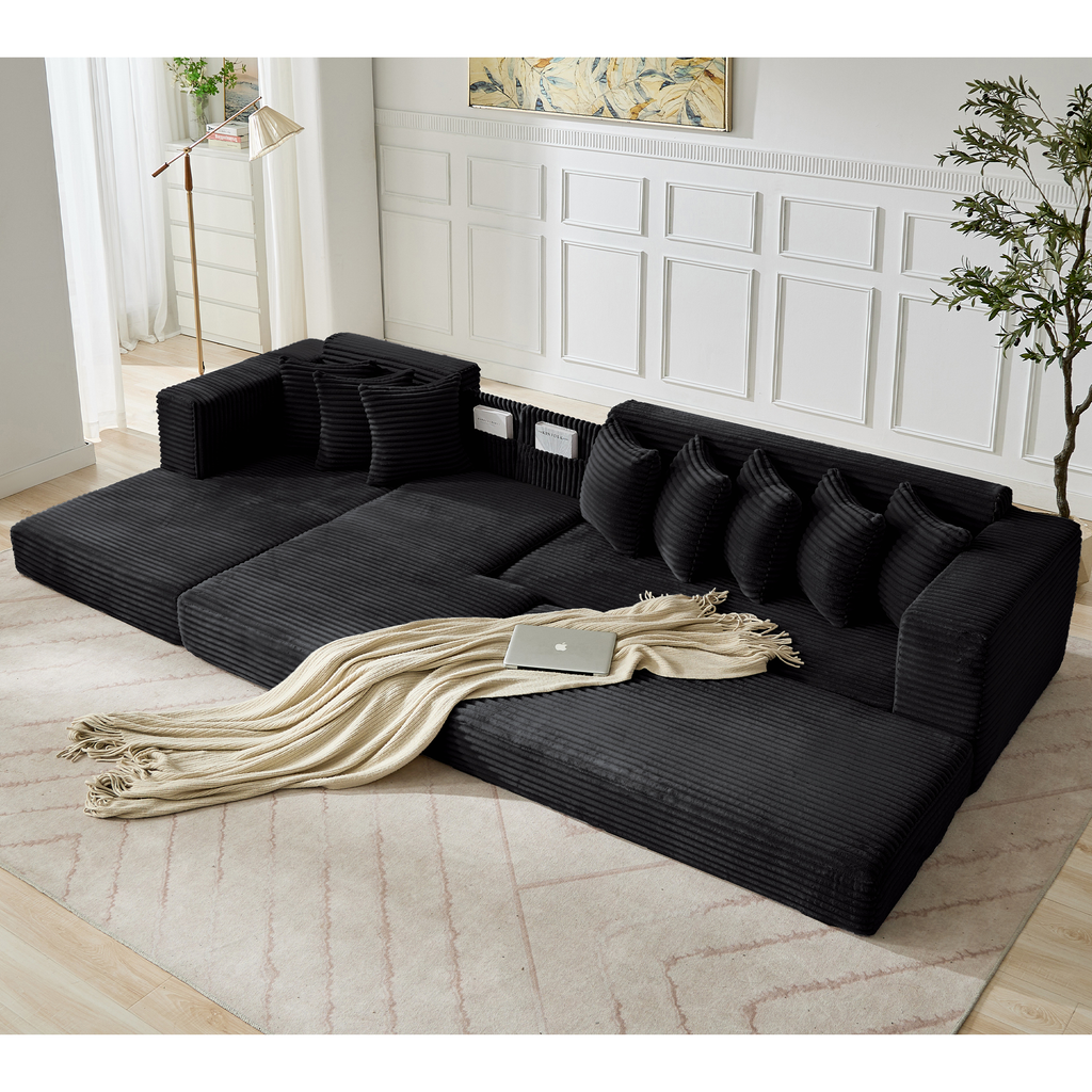 [NEW ARRIVED] [VIDEO PROVIDED] Oversize Cloud Sectional Couch, L-Shape Sofa, Convertible Floor Sleeper Sofa Bed, No Assembly ,Eight pillows,3-in-1,Side Pocket,(Left Facing Sofa),3 Seat,Corduroy,Black