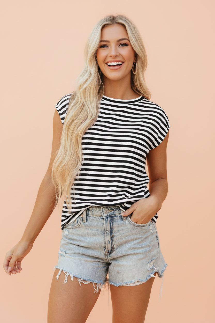 Stripe Ribbed Cap Sleeve Round Neck T-Shirt