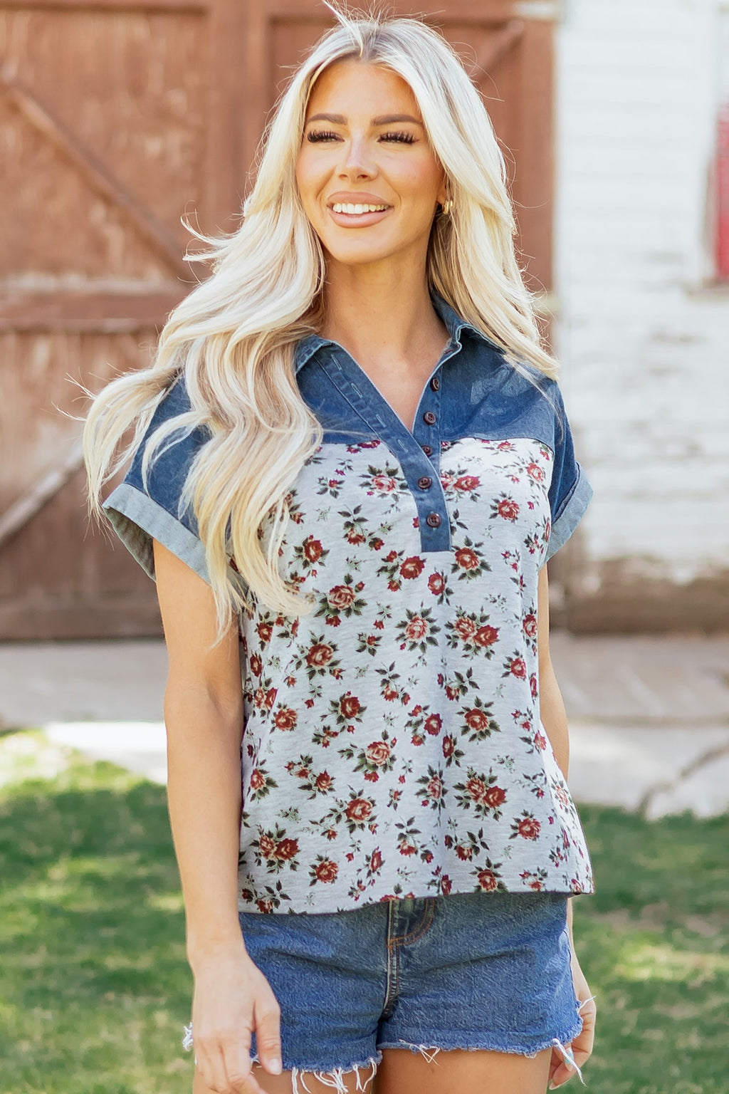 Floral Retro Denim Patchwork Buttoned Collar Top