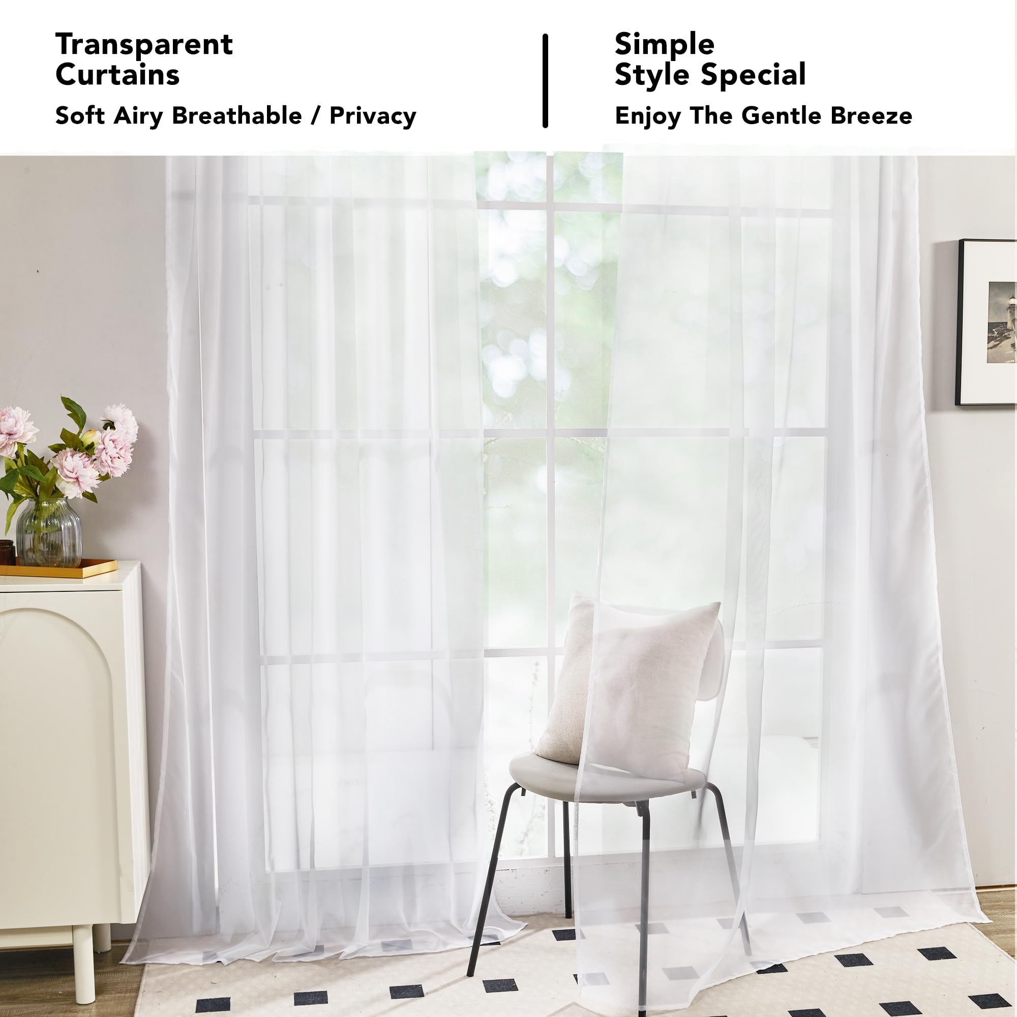Semi-Transparent White Sheers, 52x63 Inch