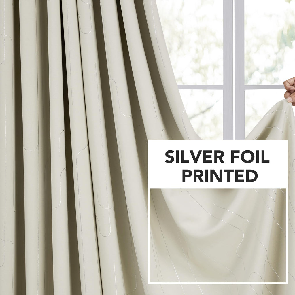Room Darkening Curtains with Line Foil Print, Navy Blue, 2 Panels