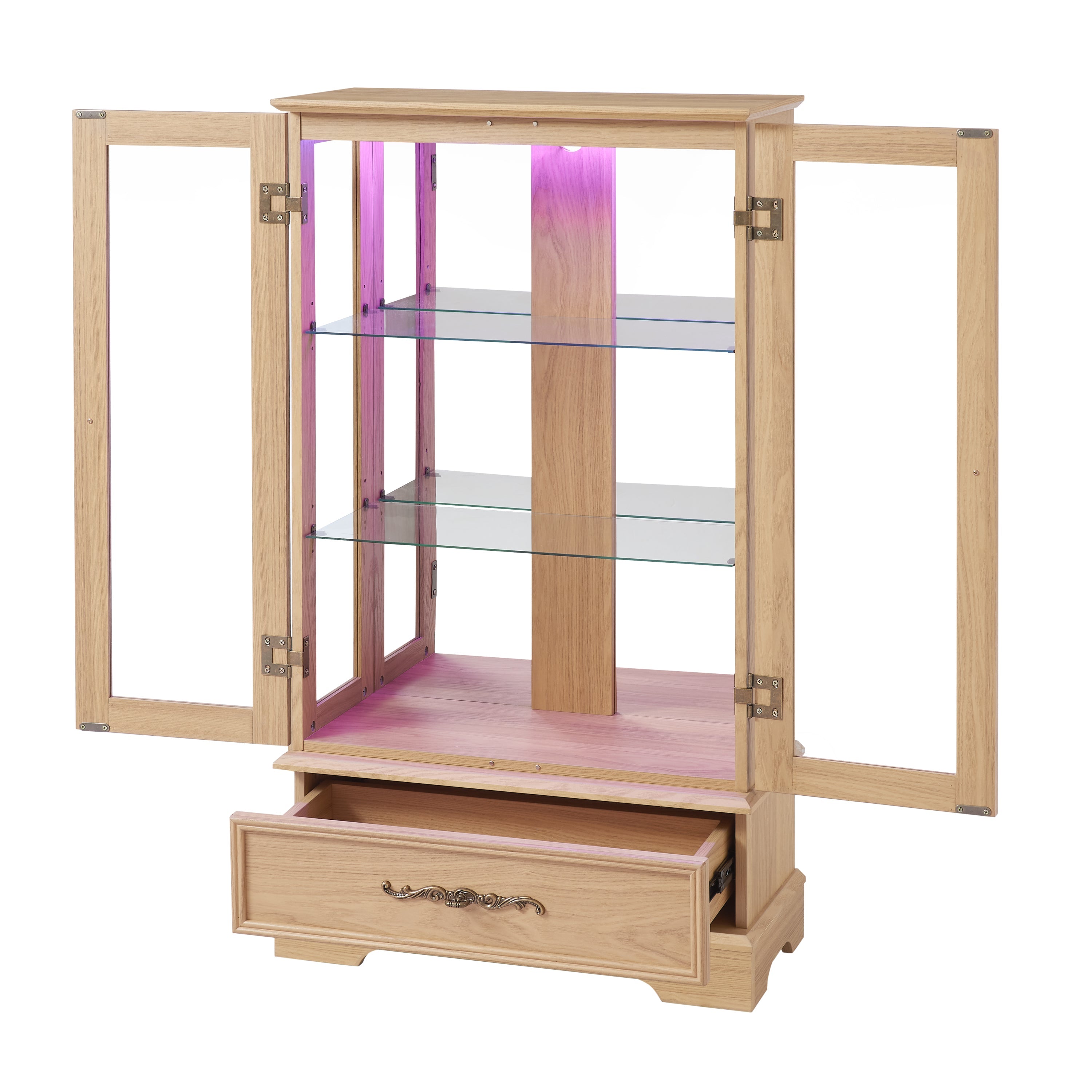 Lighted Glass Curio Display Cabinet with Adjustable Shelves - 2 Doors, 1 Drawer, LED Lights, Elegant Light Oak Finish